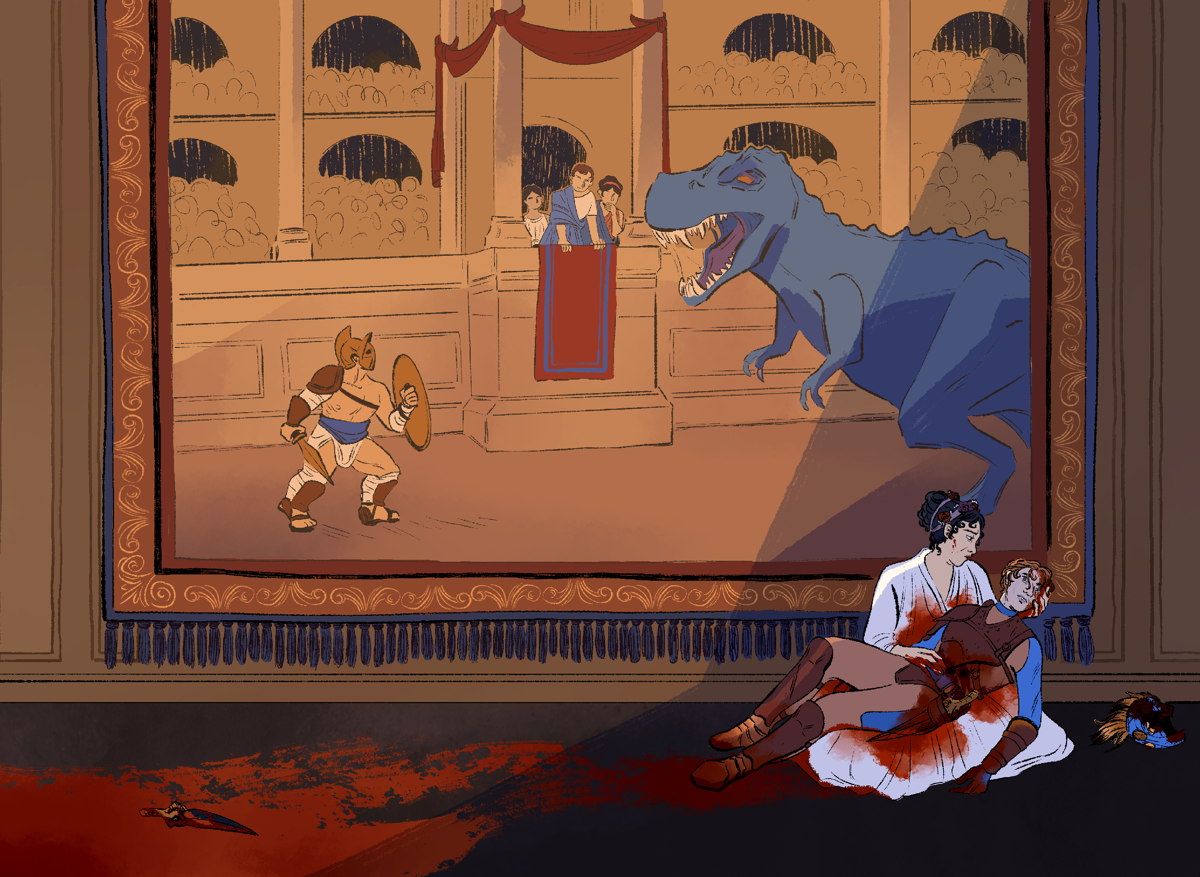 Illustration: a large tapestry on the wall fills the frame, depicting a scene of gladiatorial combat between a Roman-inspired warrior and a tyrannosaurus rex. In front of the tapestry, a trail of blood leads to two figures in the shadows. A woman in Regency-era garb cradles the dead body of a fallen fighter.
