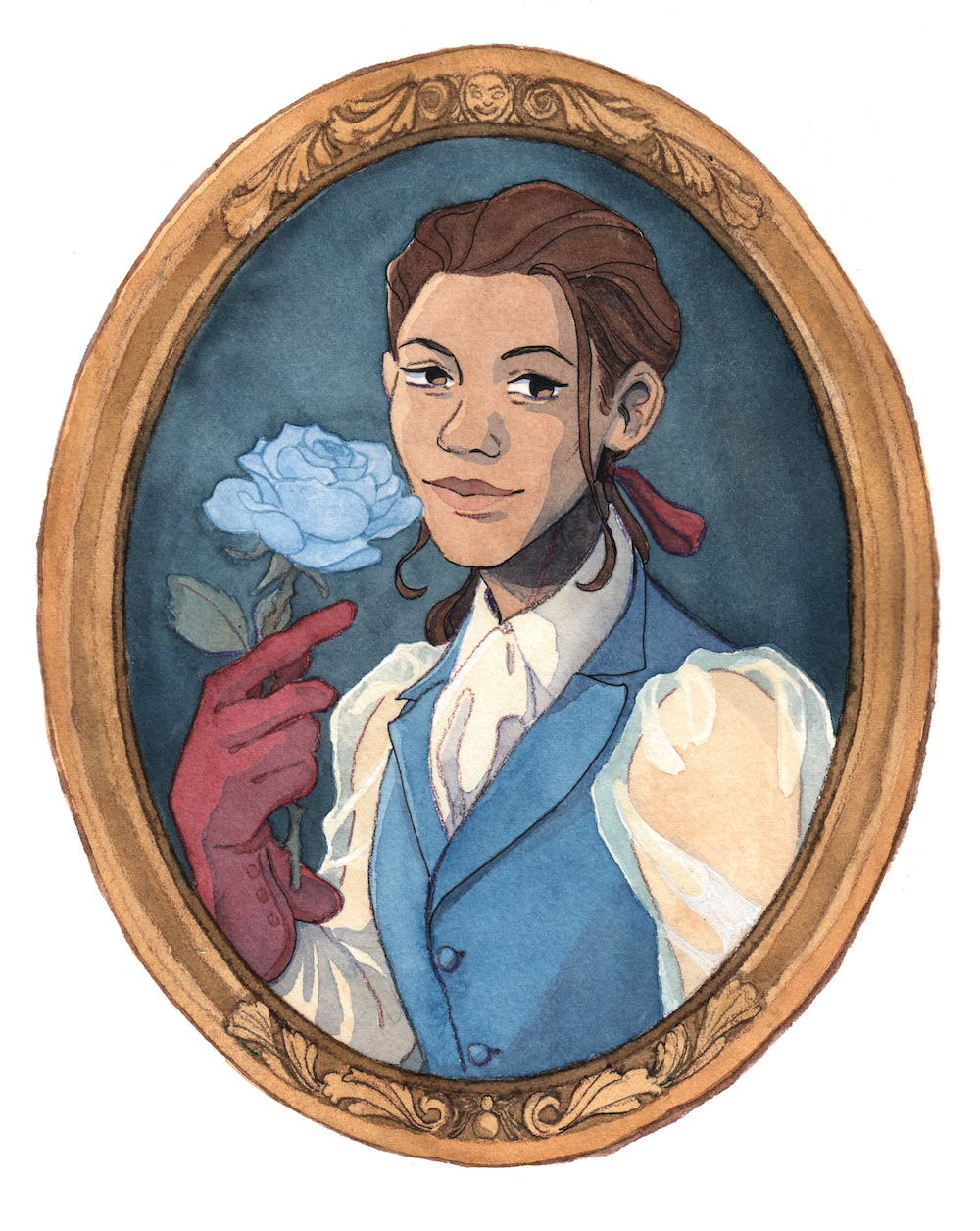 A watercolor illustration meant to resemble a historical portrait in a gold oval frame. A person with light brown skin and wavy brown hair is dressed in Victorian-esque but fanciful clothing and red gloves, holding a light blue rose.