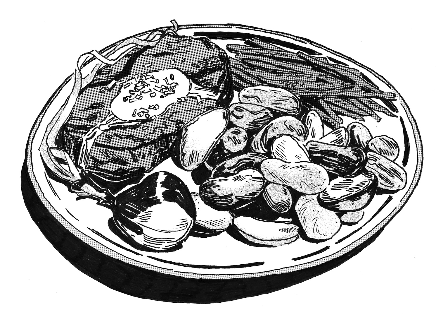 black and white illustration of fingerling potatoes, green beans, and a vegan steak with butter melting on top. 