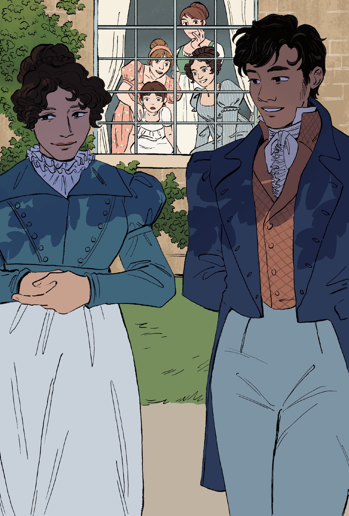 A man and a woman in regency dress are walking together outside, while the woman's sisters watch through the window behind them.