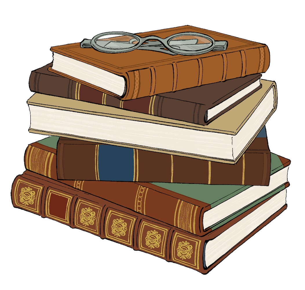 a stack of five 19th century books with spectacles sitting on top