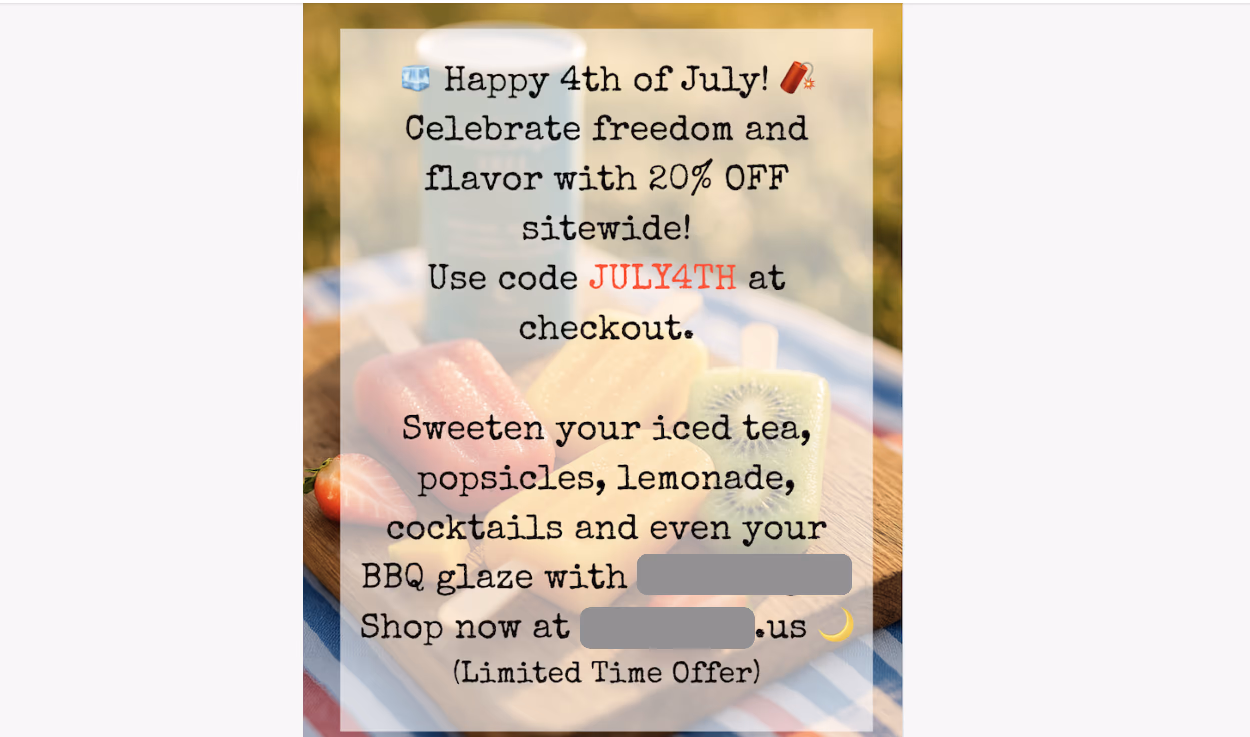 Screenshot of 4th of July email marketing campaign showing '20% OFF sitewide' promotion with code JULY4TH, featuring patriotic messaging about 'freedom and flavor' with fruit and food imagery background