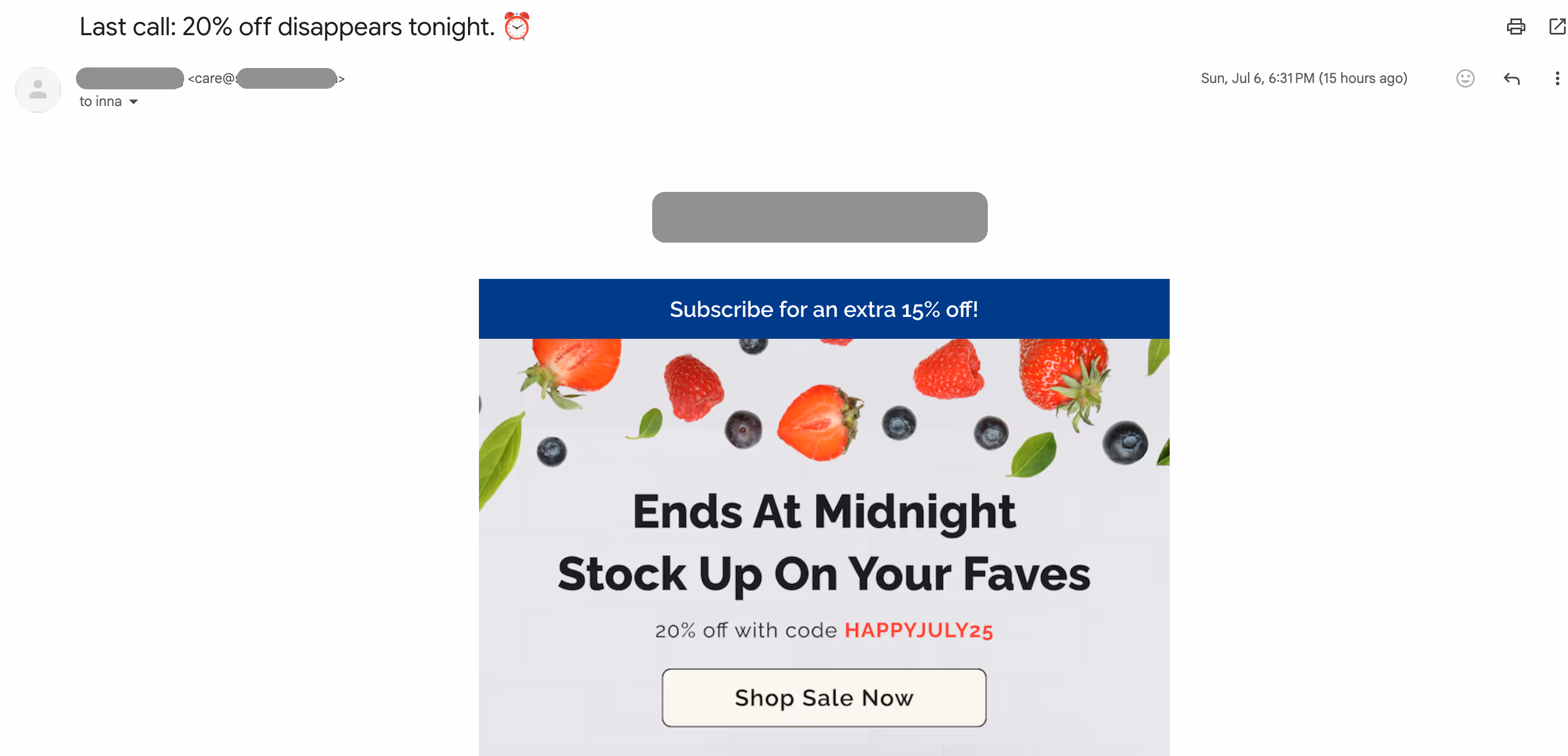 Email screenshot showing subject line 'Last call: 20% off disappears tonight' with 'Ends At Midnight' promotion featuring red, white and blue berries, demonstrating timezone confusion in 4th of July email marketing