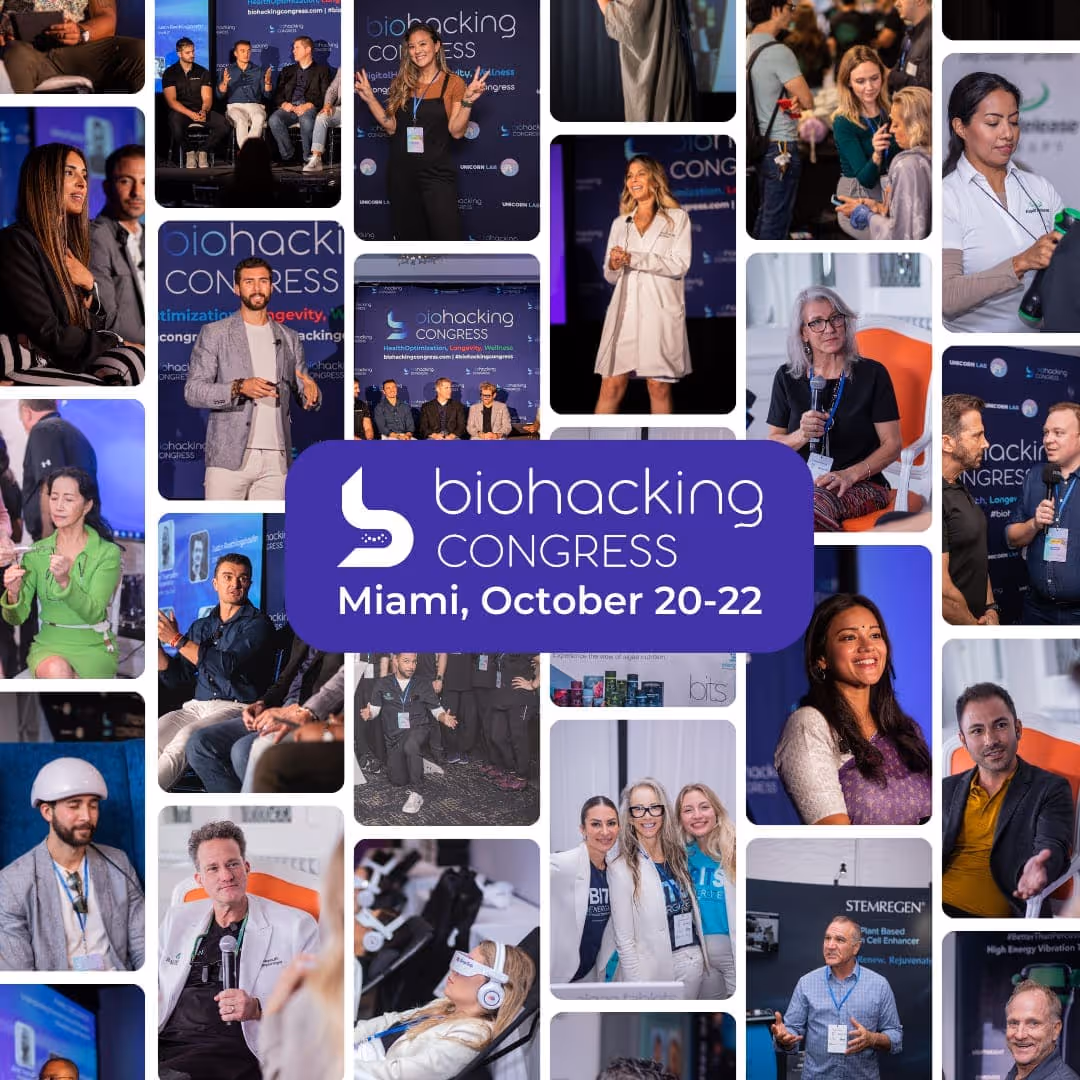 Photo collage from Biohacking Congress Miami featuring speakers, attendees, and wellness technology demonstrations