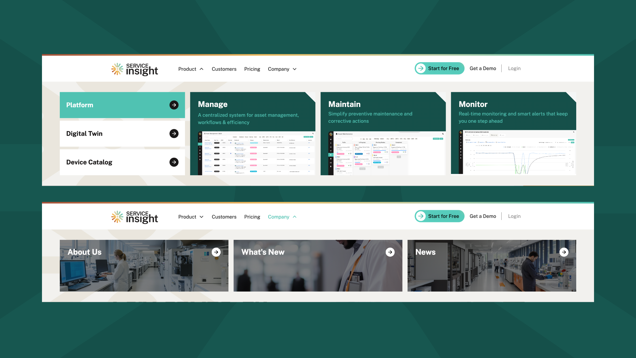 Website navigation bar for Service Insight featuring menu options for Platform, Digital Twin, Device Catalog, Manage, Maintain, Monitor, About Us, What's New, and News with corresponding images and buttons.