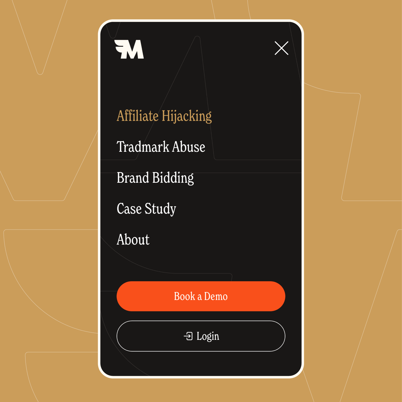 Mobile menu with options: Affiliate Hijacking, Trademark Abuse, Brand Bidding, Case Study, About, and buttons for Book a Demo and Login.