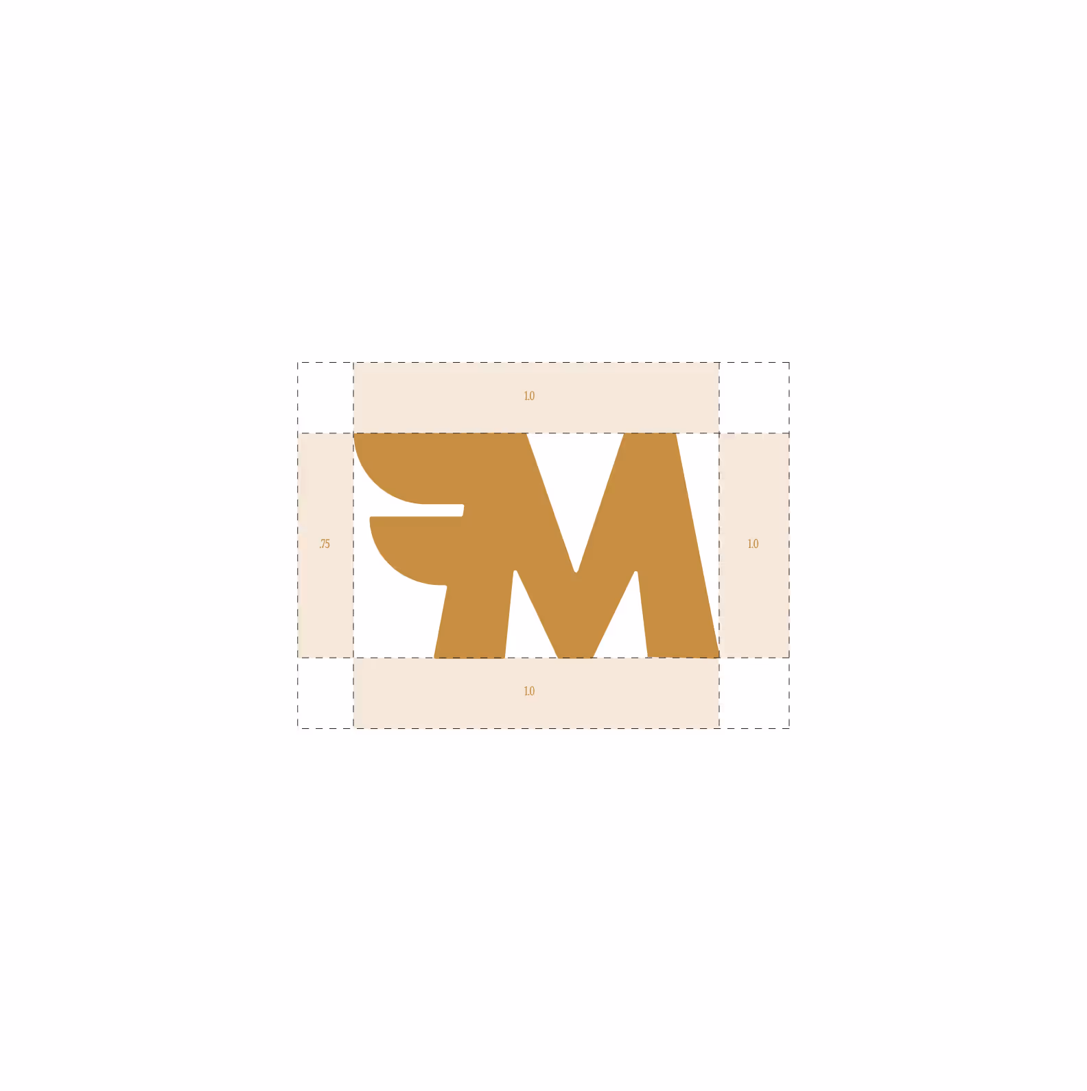 Golden-brown stylized letter M with wing-like design on left side, surrounded by margin guides.