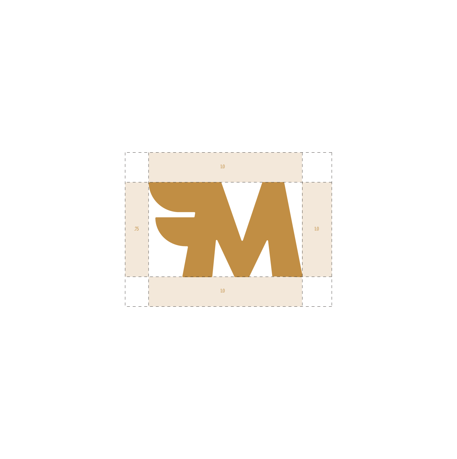Golden-brown stylized letter M with wing-like design on left side, surrounded by margin guides.