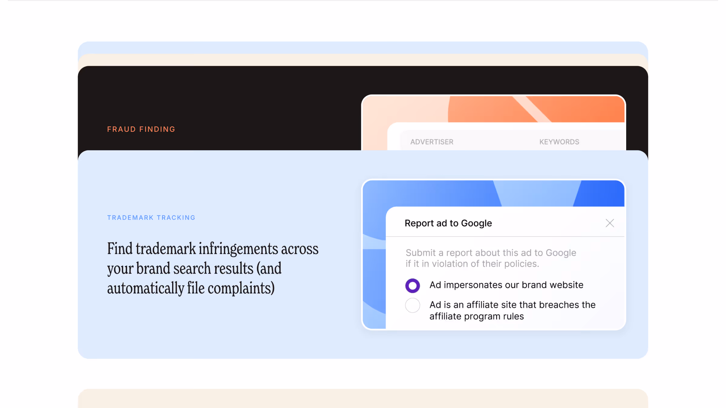 Screenshot showing trademark tracking feature with text about finding trademark infringements and a report ad to Google form with options to report impersonation or affiliate program breaches.