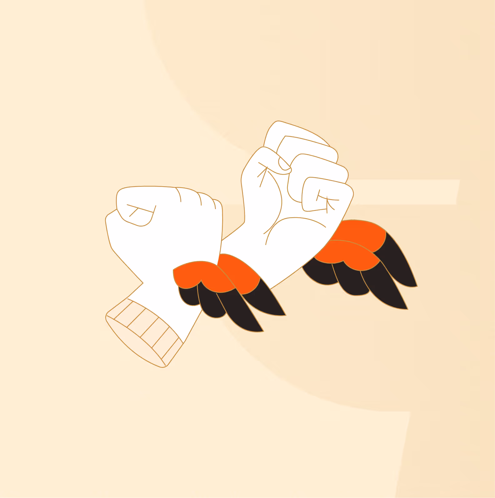 Two white hands with clenched fists shown from the wrists, each adorned with small red and black wings at the wrist.