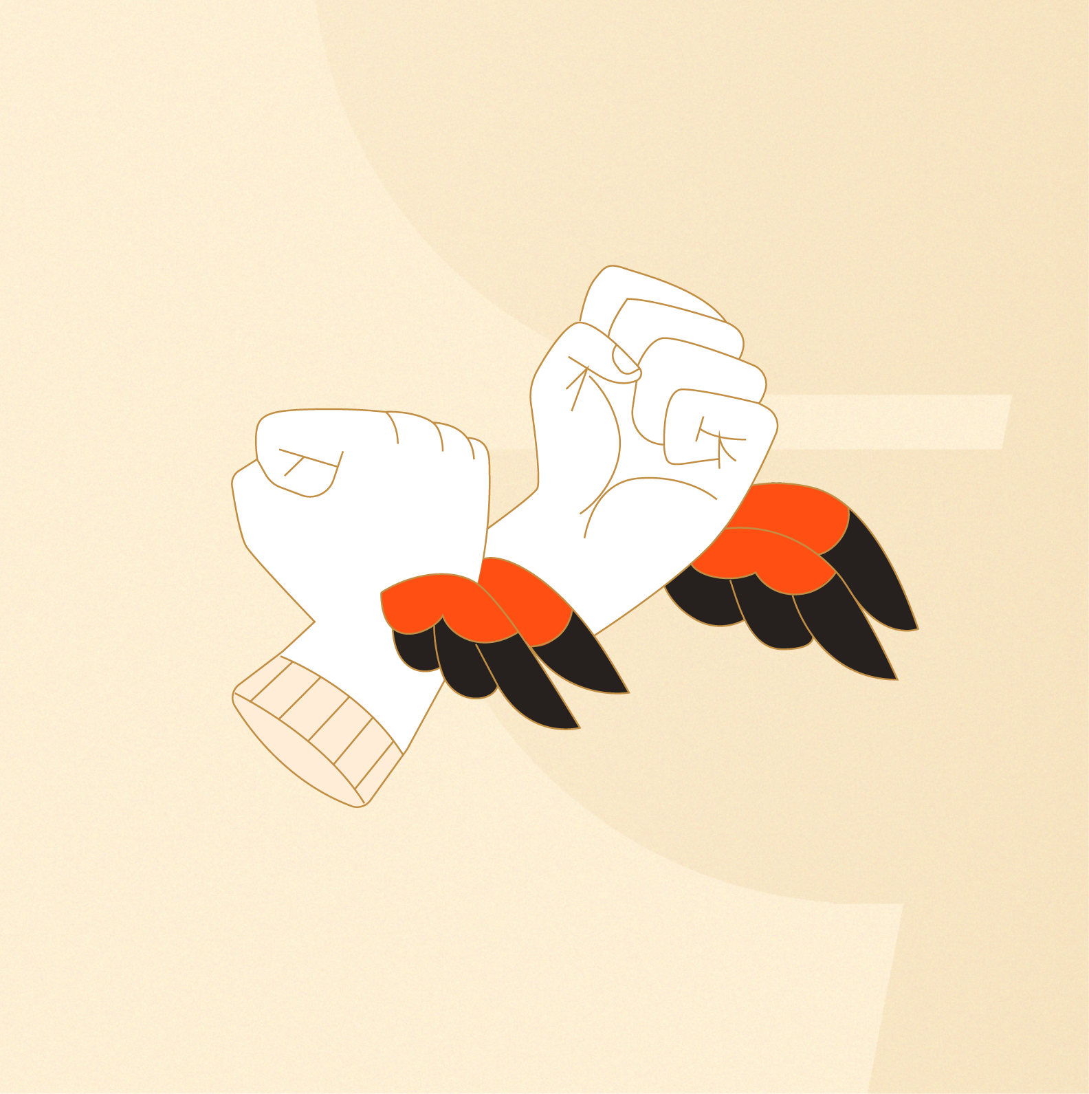 Two white hands with clenched fists shown from the wrists, each adorned with small red and black wings at the wrist.