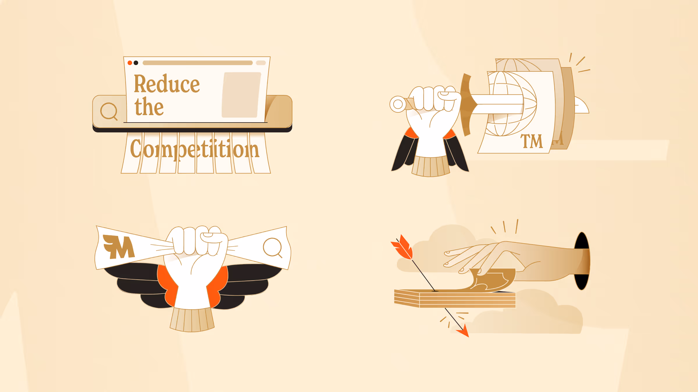 Four stylized illustrations symbolizing concepts: a shredding search bar with 'Reduce the Competition' text, a hand holding a sword cutting trademark papers, a hand crushing a scroll with wings behind, and a hand removing a puzzle piece pinned by an arrow.