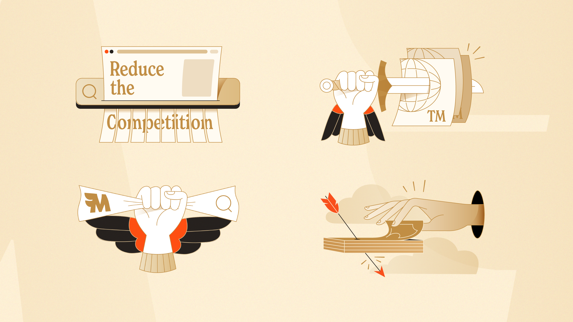 Four stylized illustrations symbolizing concepts: a shredding search bar with 'Reduce the Competition' text, a hand holding a sword cutting trademark papers, a hand crushing a scroll with wings behind, and a hand removing a puzzle piece pinned by an arrow.