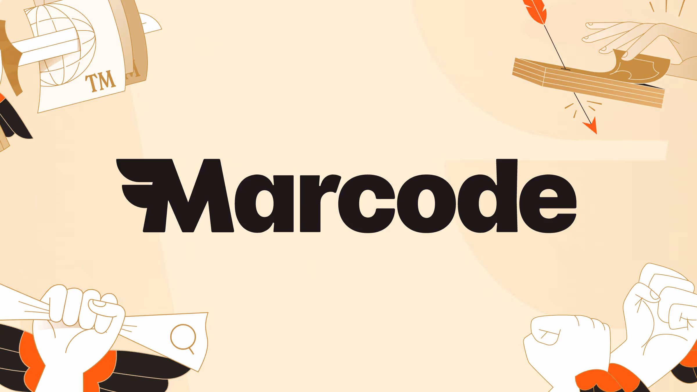 The word 'Marcode' in bold black letters on a beige background with illustrated hands holding various objects in the corners.
