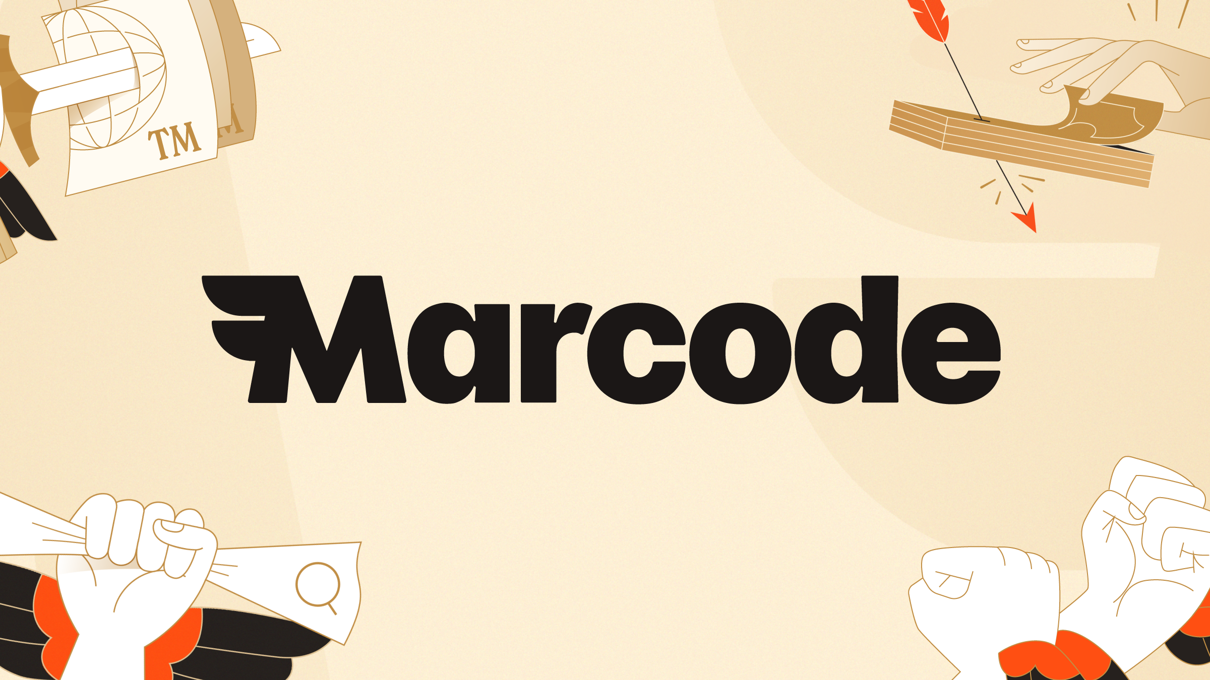 The word 'Marcode' in bold black letters on a beige background with illustrated hands holding various objects in the corners.