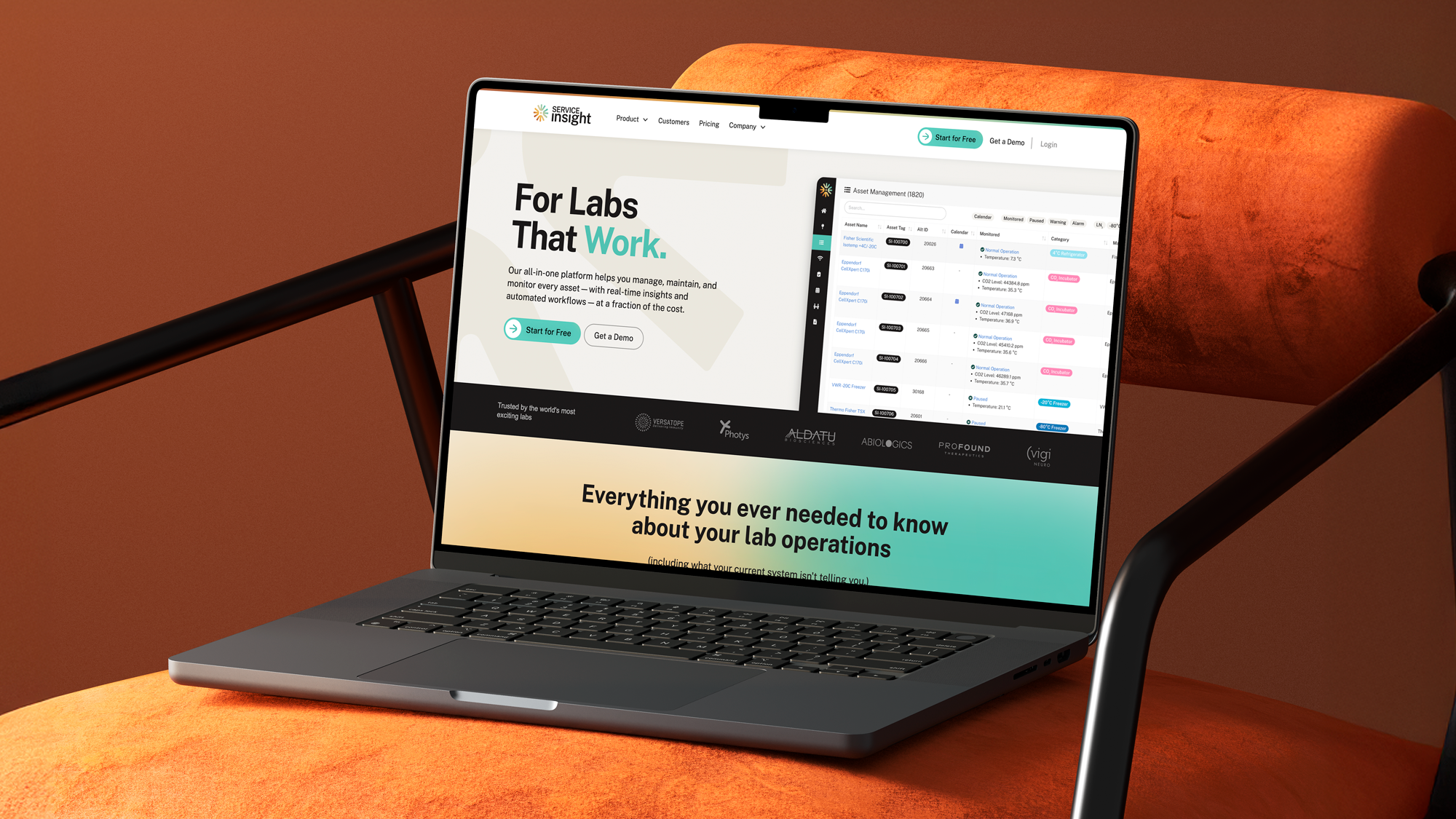 Open laptop on an orange chair displaying a lab management platform with a dashboard, offering real-time insights and automated workflows.