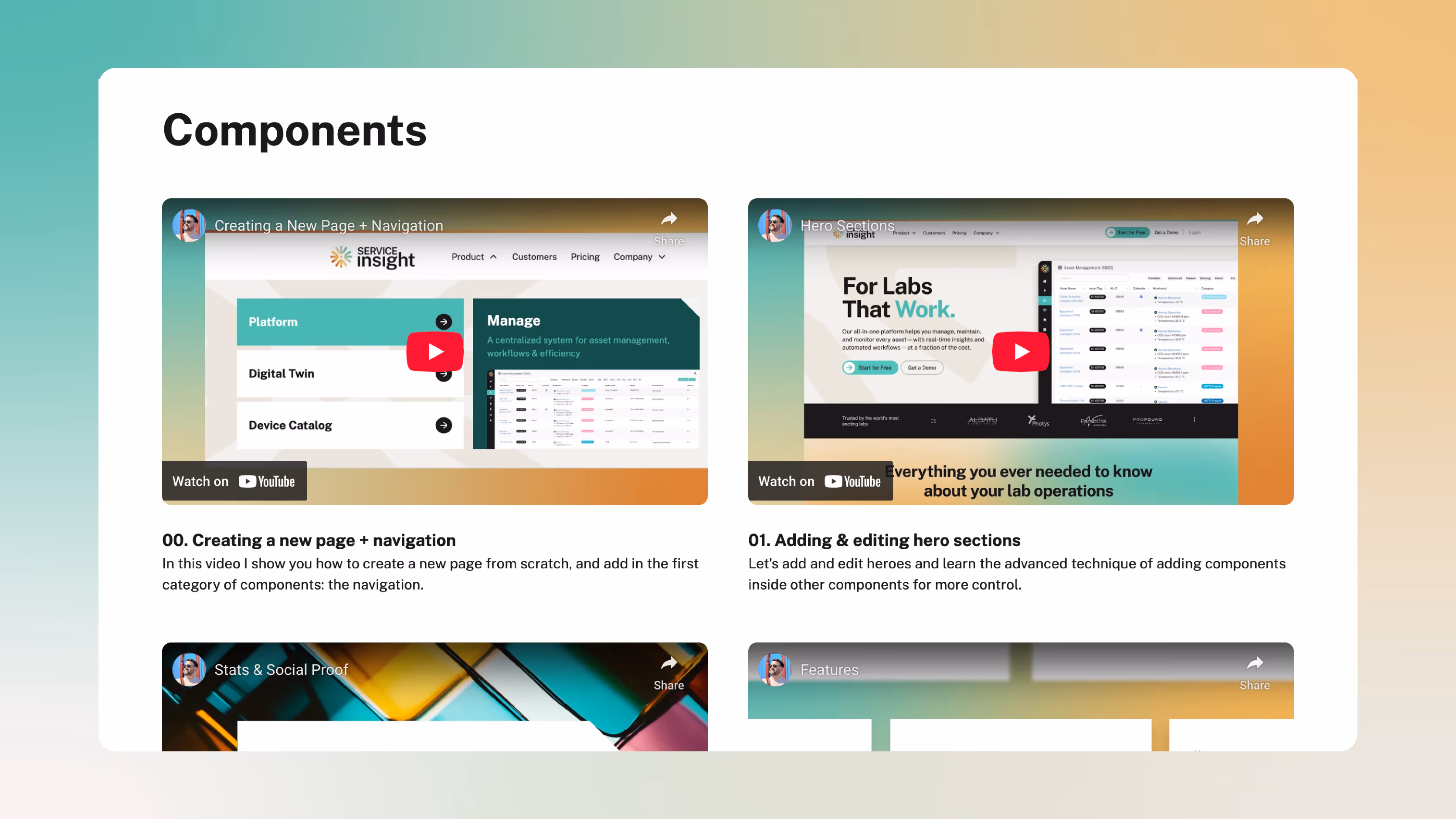 Webpage section titled Components showing four embedded tutorial videos with descriptions about creating pages, adding hero sections, stats, and features.