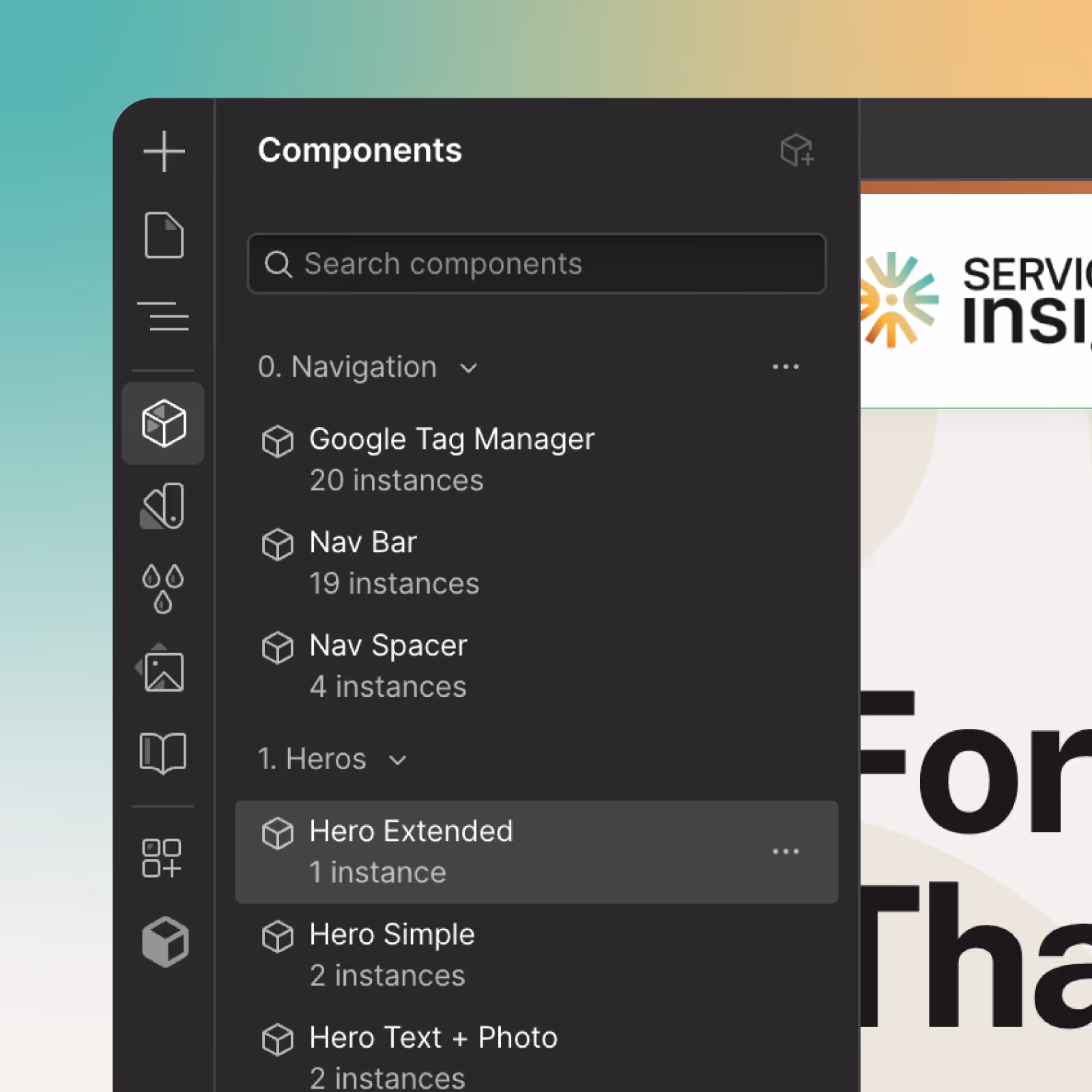 User interface panel showing a list of components categorized under Navigation and Heros with instance counts.