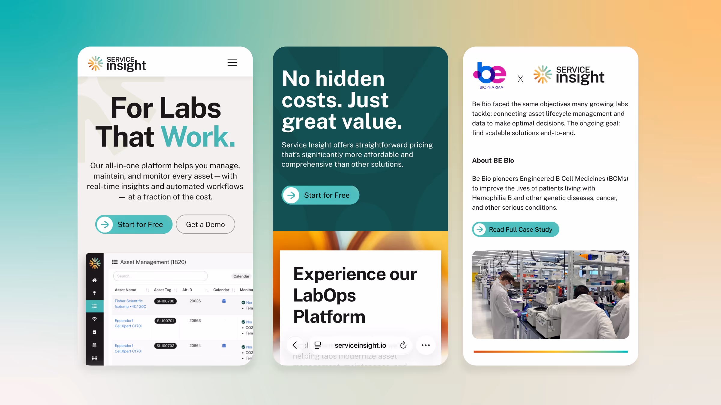 Three mobile screens showing Service Insight platform features: asset management dashboard, pricing highlight with 'No hidden costs', and a case study for Be Bio partnering with Service Insight in a lab setting.