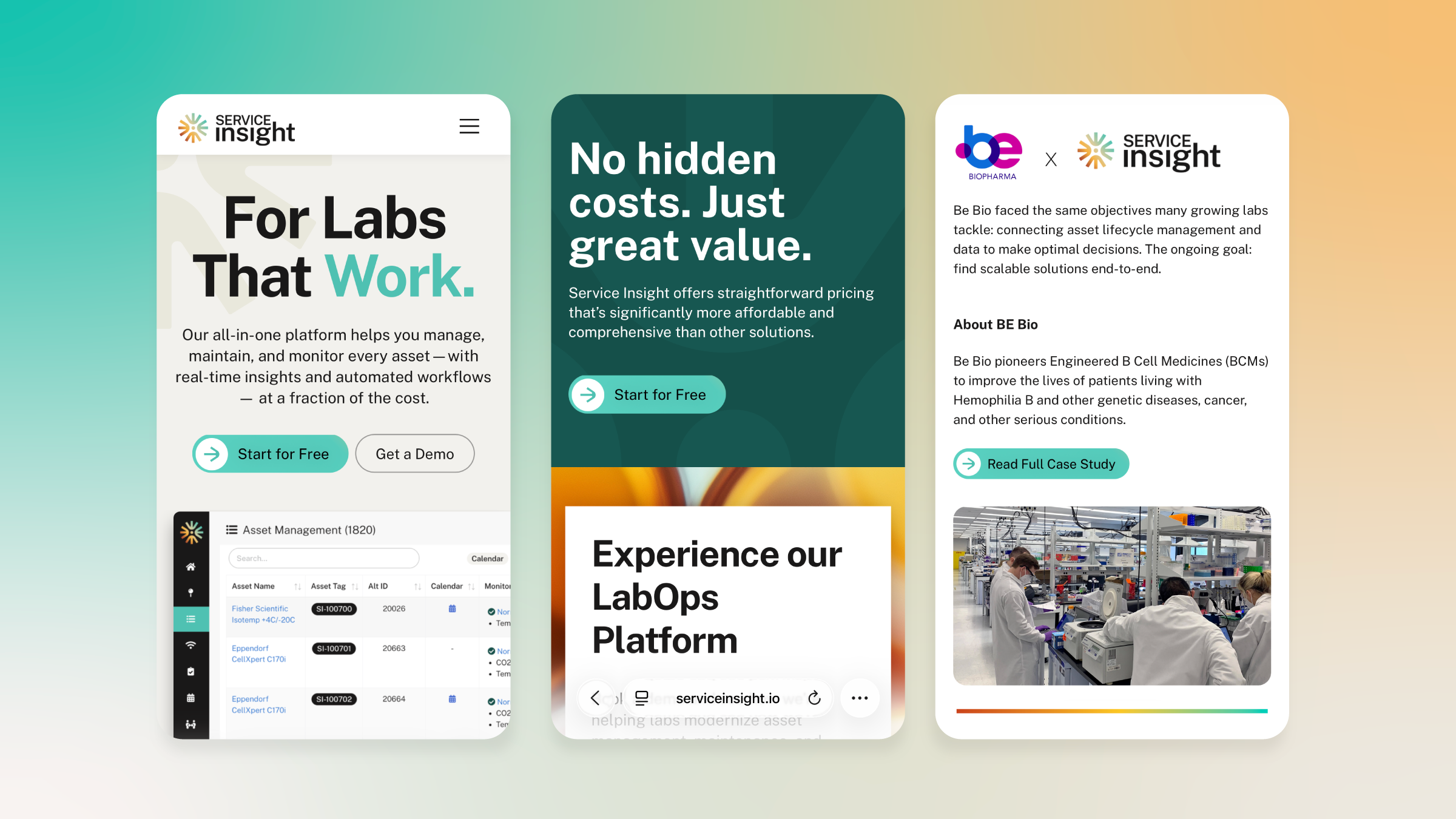 Three mobile screens showing Service Insight platform features: asset management dashboard, pricing highlight with 'No hidden costs', and a case study for Be Bio partnering with Service Insight in a lab setting.