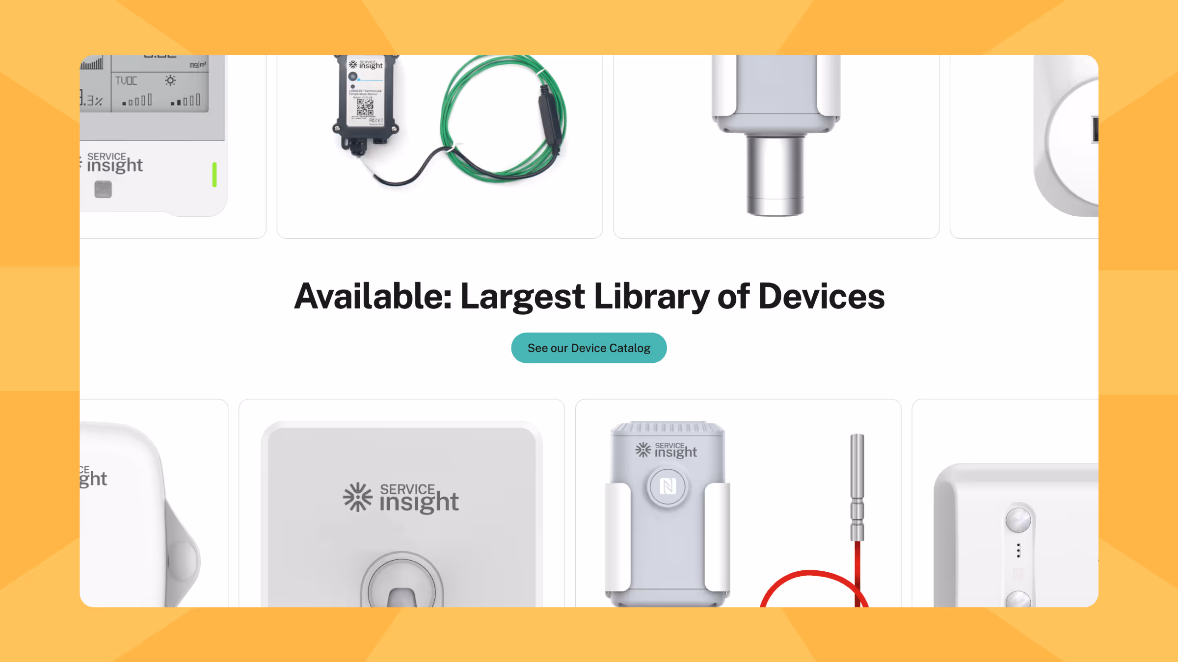 Various Service Insight devices displayed above the text 'Available: Largest Library of Devices' with a button labeled 'See our Device Catalog'.