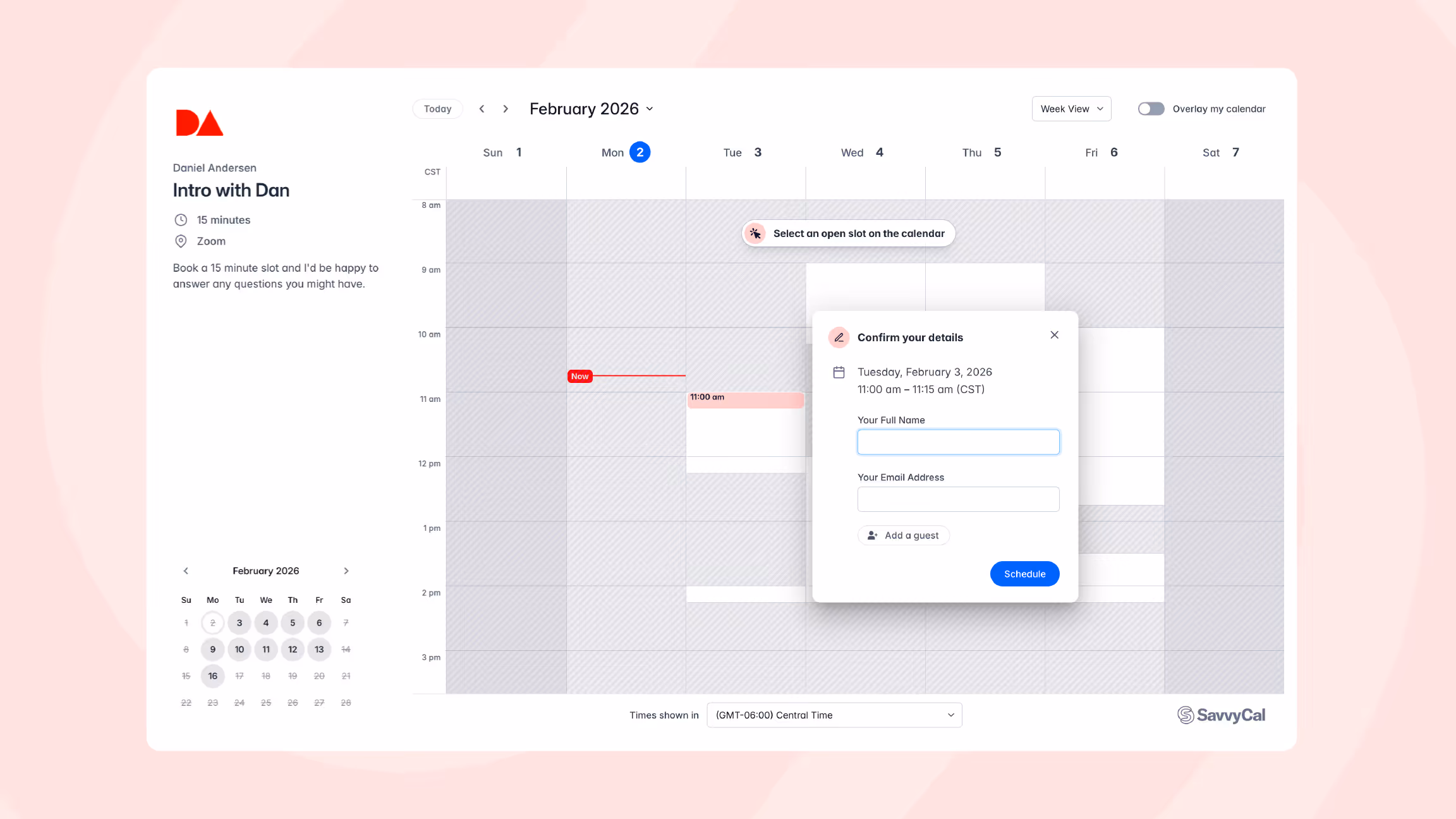 Online calendar interface for scheduling a 15-minute Zoom meeting with Daniel Andersen, showing a weekly view of February 2026 with a popup form to enter name and email for a meeting on February 3 from 11:00 to 11:15 am CST.