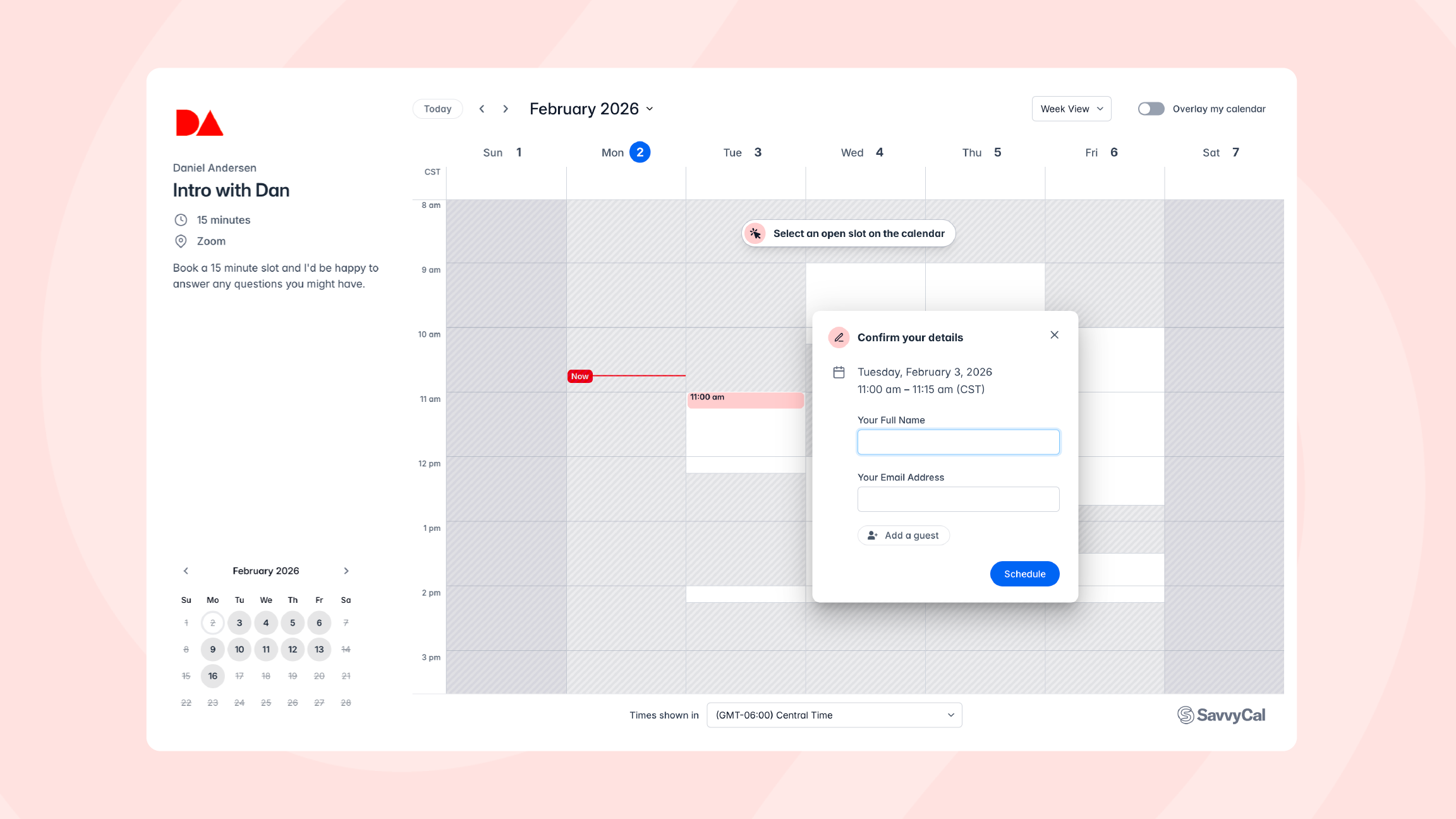 Online calendar interface for scheduling a 15-minute Zoom meeting with Daniel Andersen, showing a weekly view of February 2026 with a popup form to enter name and email for a meeting on February 3 from 11:00 to 11:15 am CST.