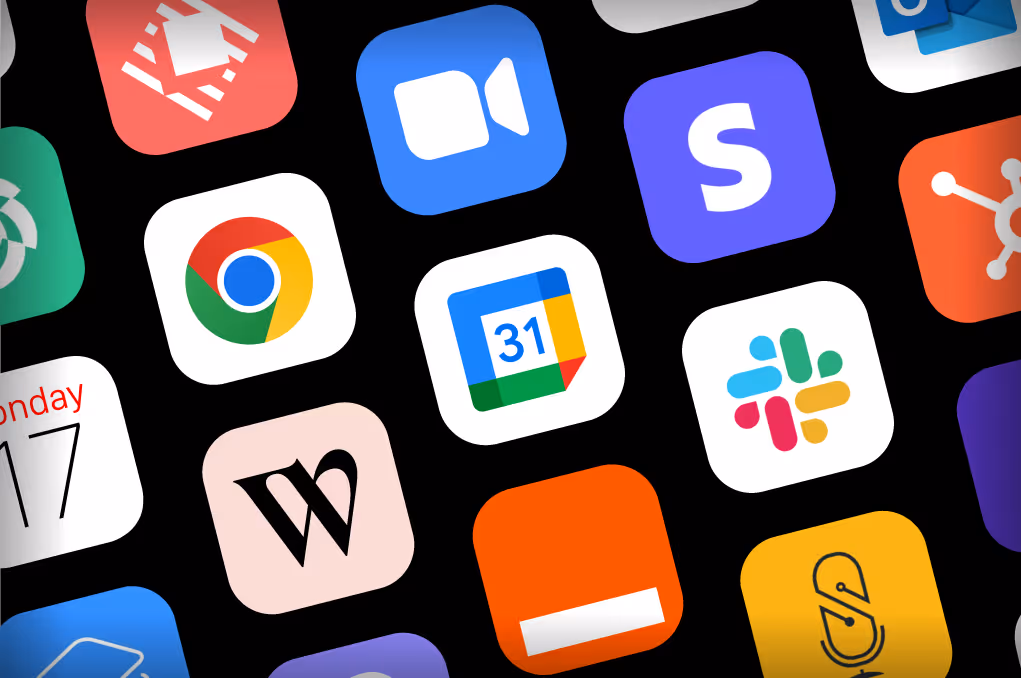 Collage of various colorful app icons including Google Chrome, Zoom, Skype, Google Calendar, Slack, and HubSpot on a black background.