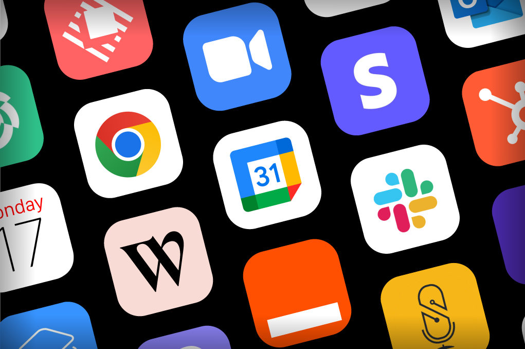 Collage of various colorful app icons including Google Chrome, Zoom, Skype, Google Calendar, Slack, and HubSpot on a black background.