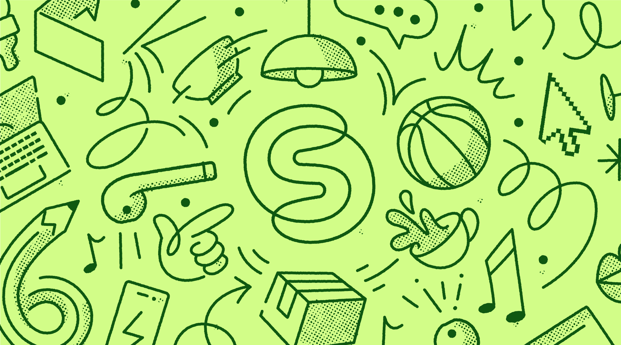 Green background pattern with dark green doodles including a laptop, basketball, pointing hand, music notes, a coffee cup spilling, package box, computer cursor, light bulb, and a central circular swirl design.