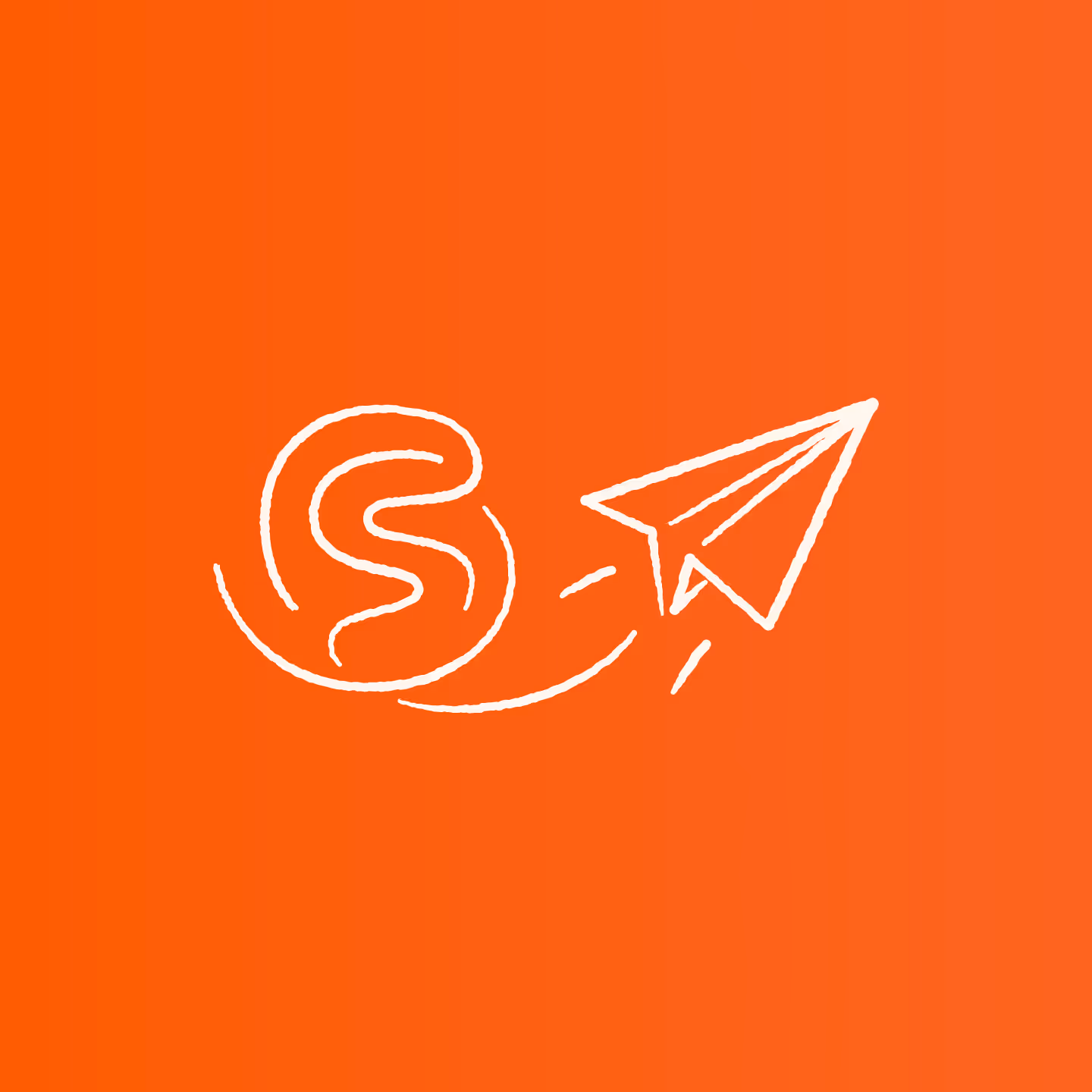 White line drawing of a paper airplane flying away from a stylized letter S on an orange gradient background.