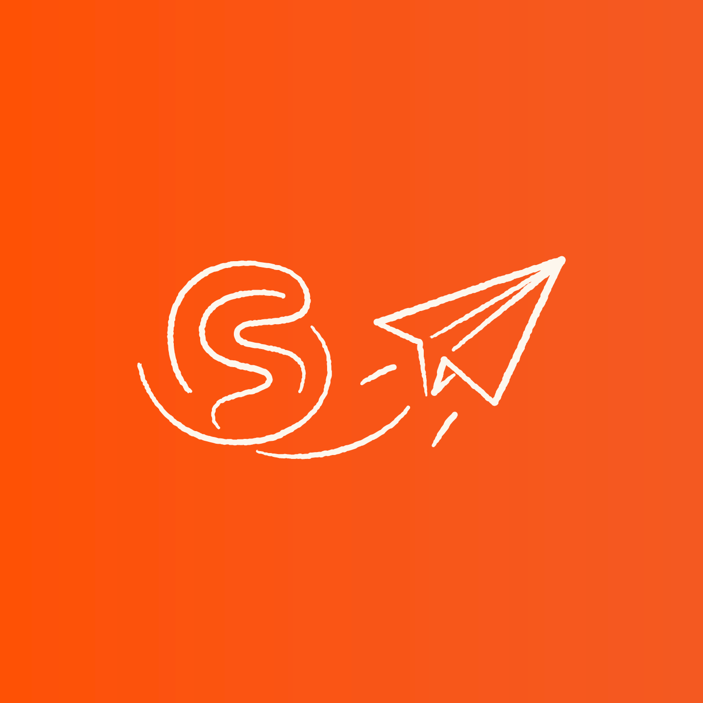 White line drawing of a paper airplane flying away from a stylized letter S on an orange gradient background.