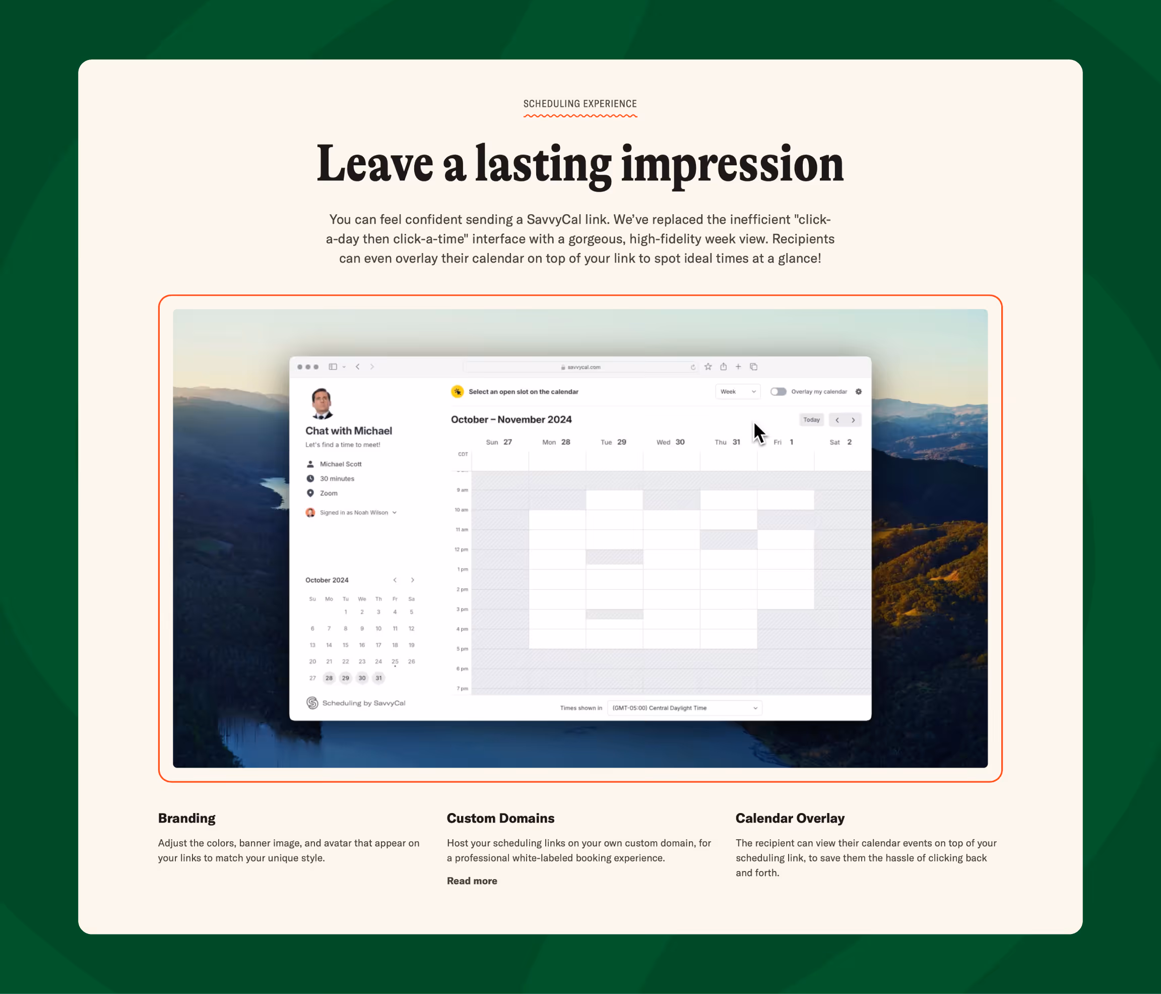 Screenshot of a scheduling interface showing a weekly calendar view for October-November 2024 with available time slots, branding options, and calendar overlay features.