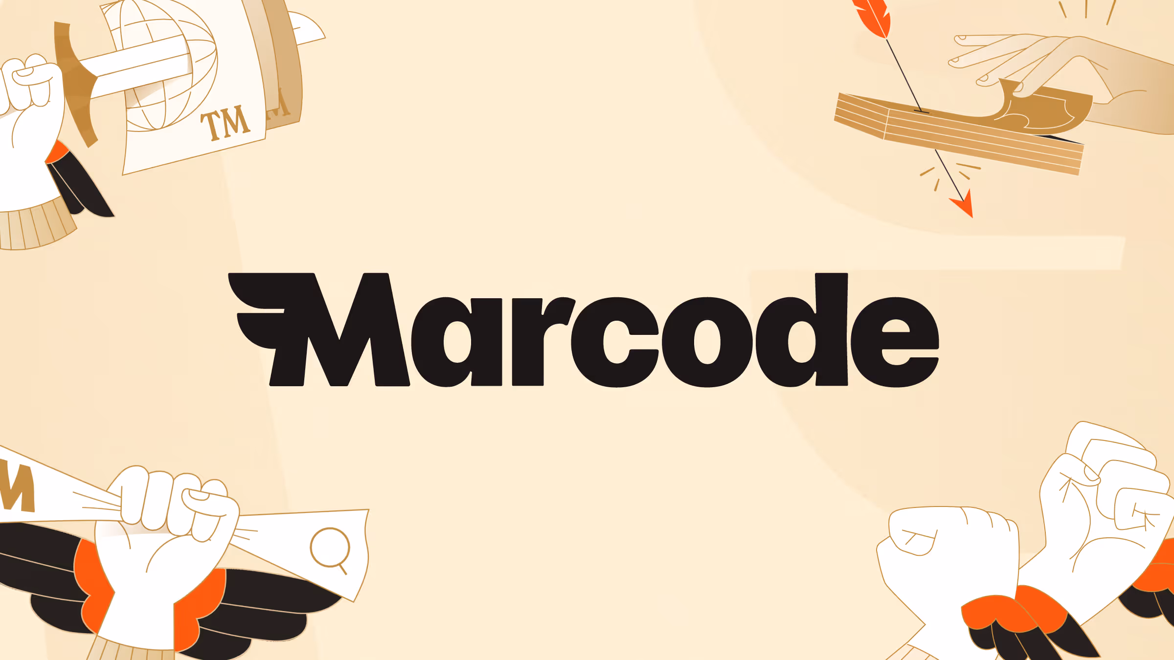 Stylized logo of the word Marcode in bold black letters on a beige background with illustrated hands holding a sword, a rolled paper, and an arrow in the corners.