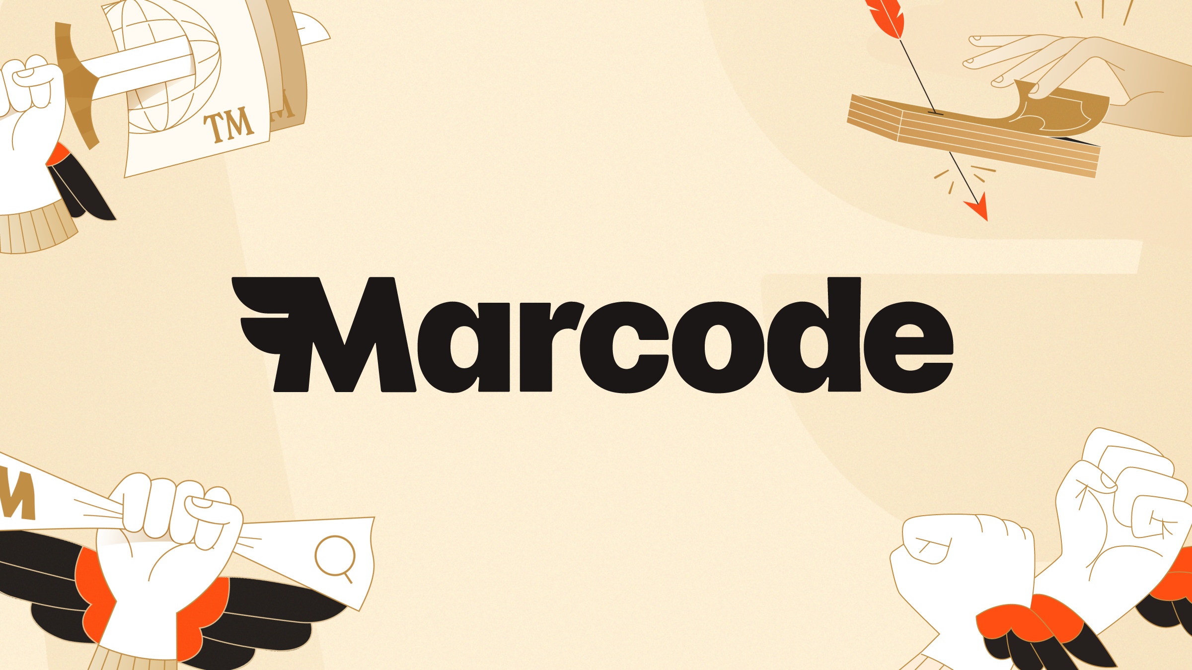 Stylized logo of the word Marcode in bold black letters on a beige background with illustrated hands holding a sword, a rolled paper, and an arrow in the corners.