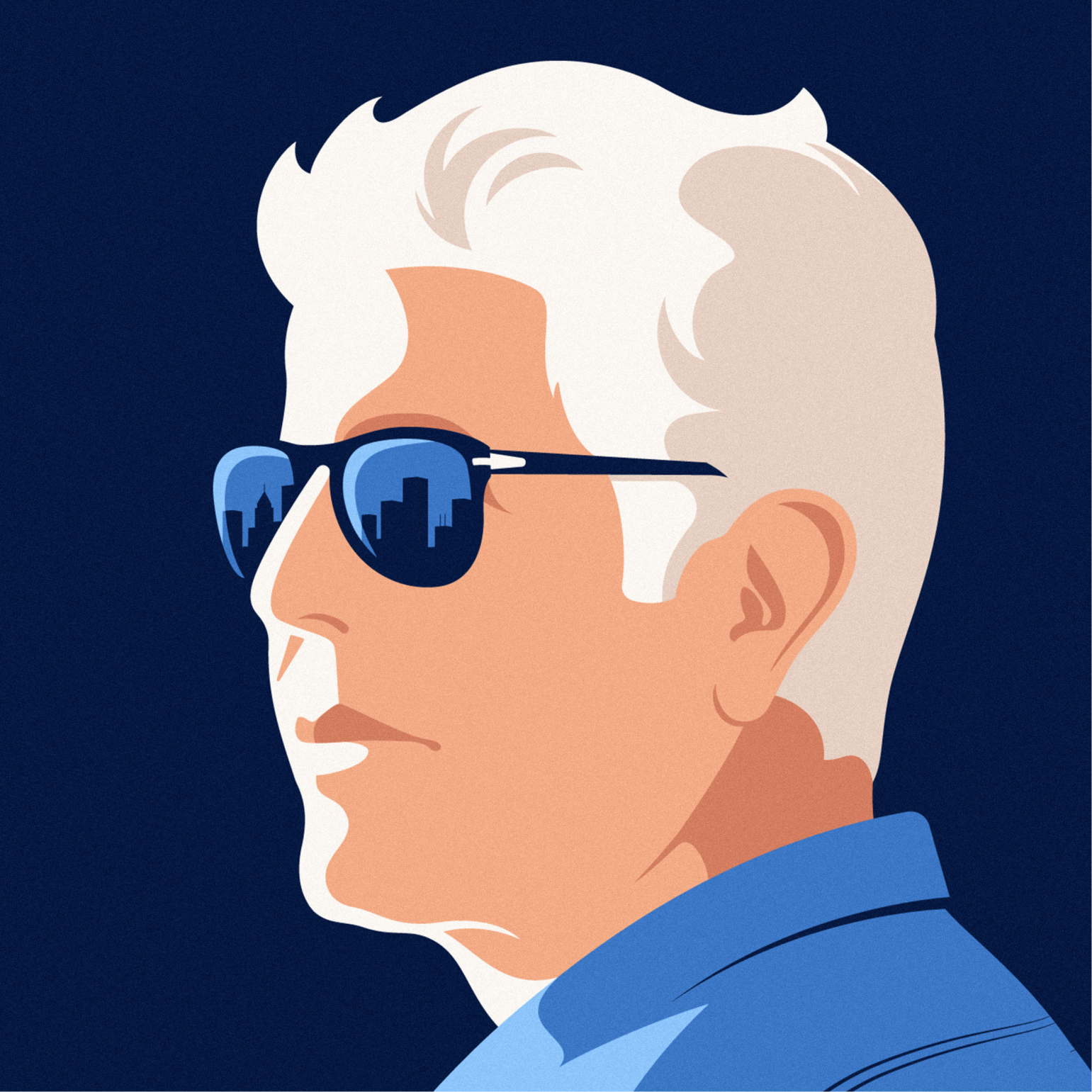 Side profile illustration of a man with white hair wearing reflective sunglasses showing a city skyline.