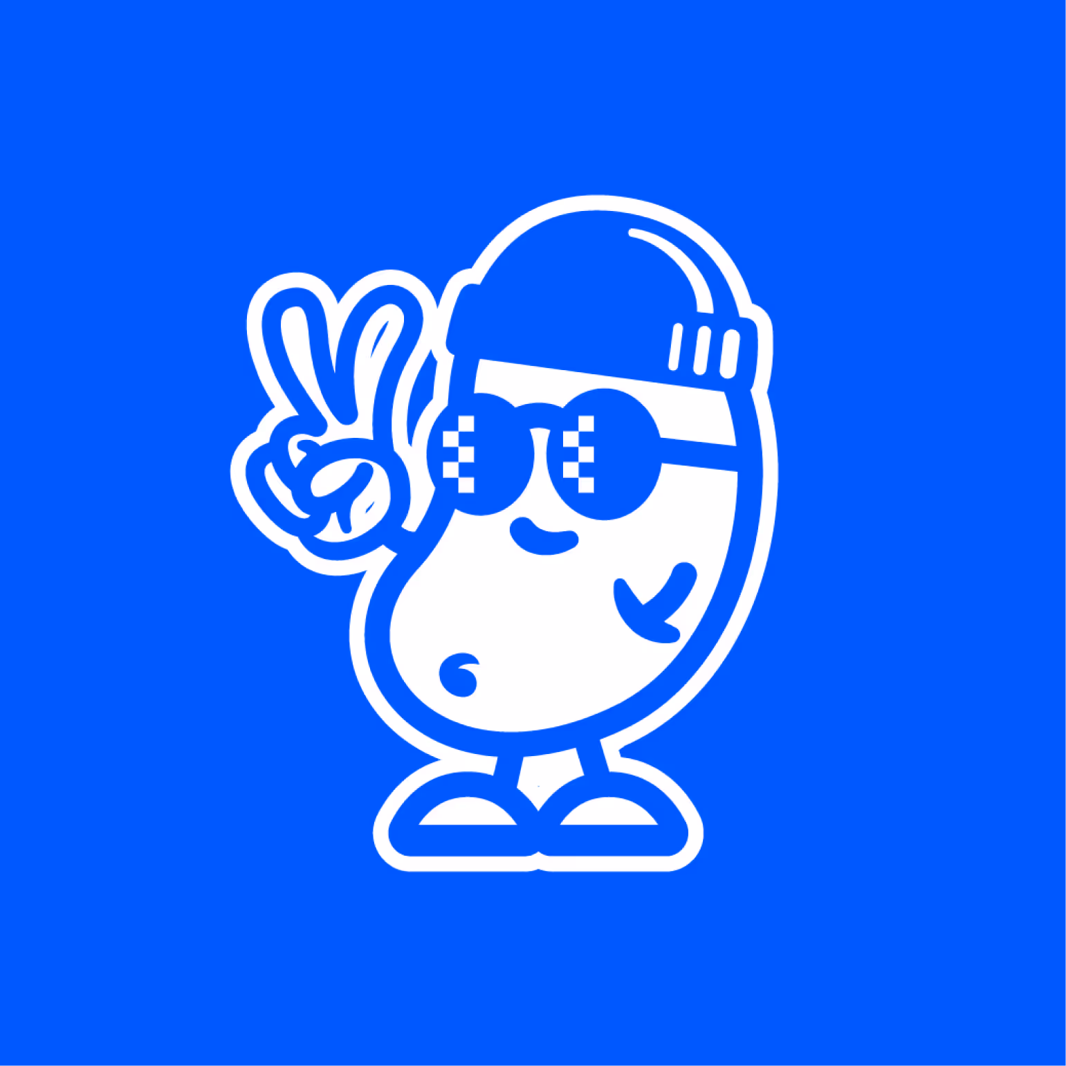 Cartoon bean character wearing a cap and sunglasses showing a peace sign on a blue background.