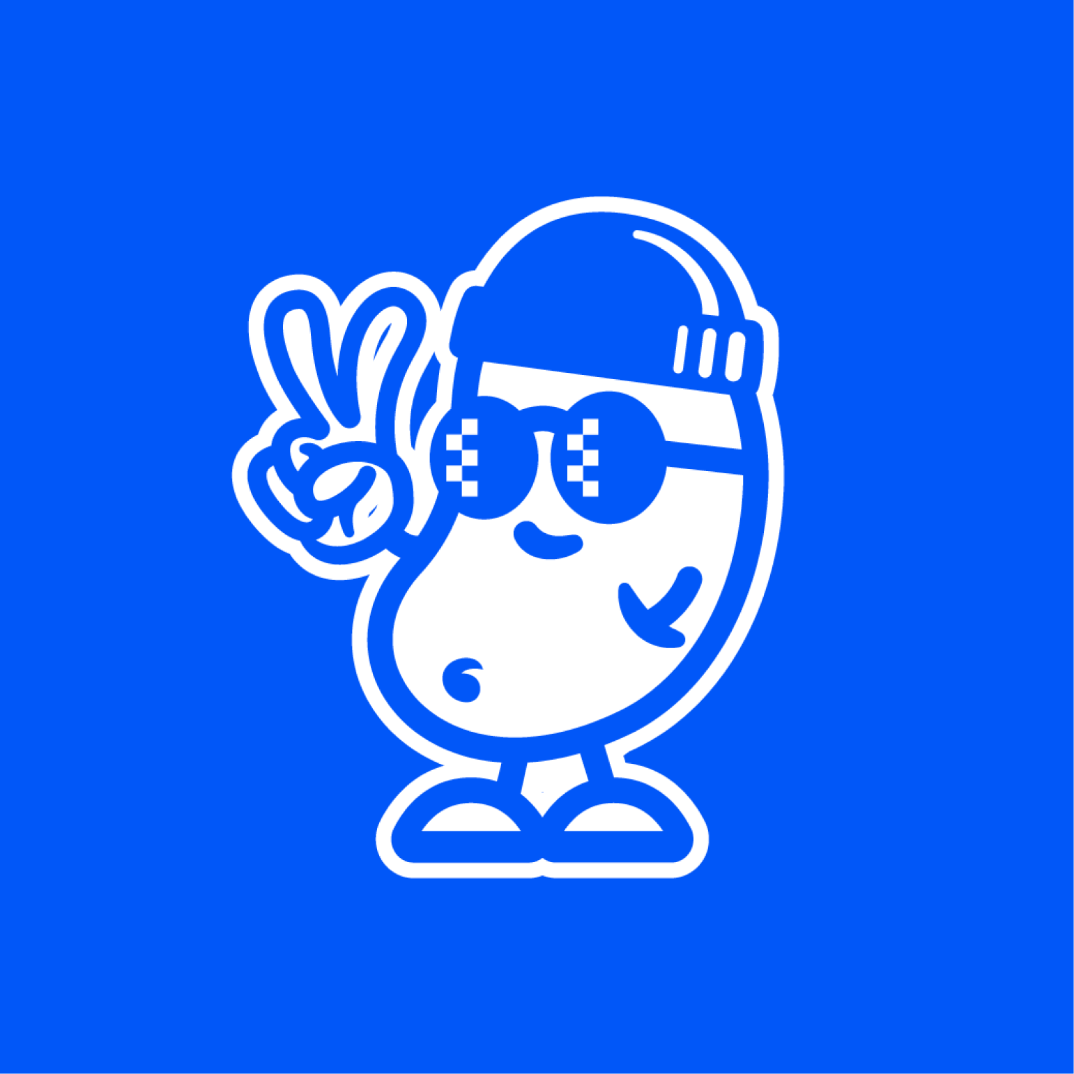Cartoon bean character wearing a cap and sunglasses showing a peace sign on a blue background.