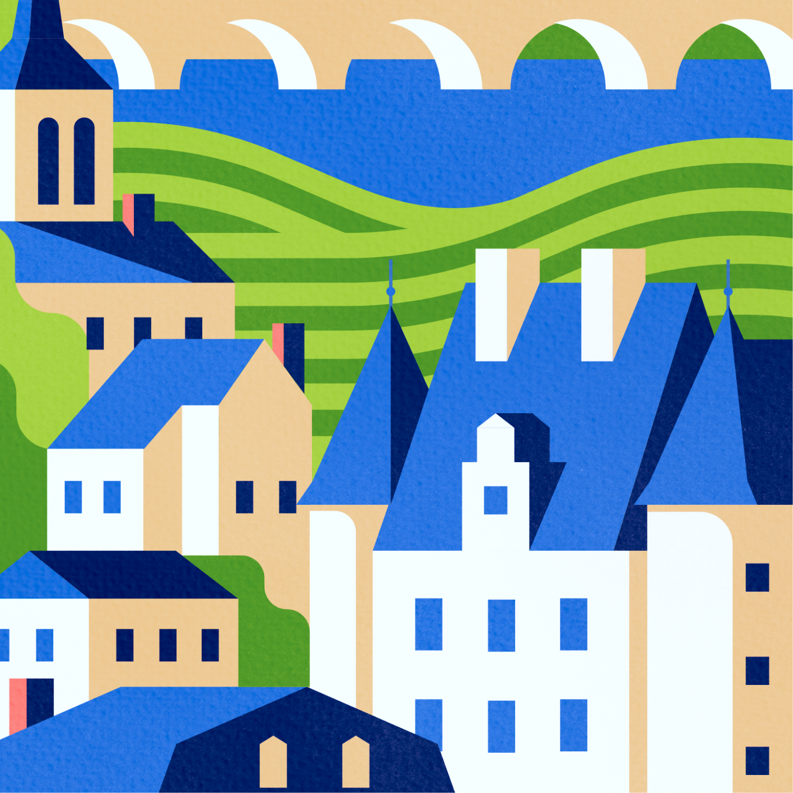 Stylized illustration of a village with blue roofs, beige buildings, green rolling hills, and a partly cloudy sky.