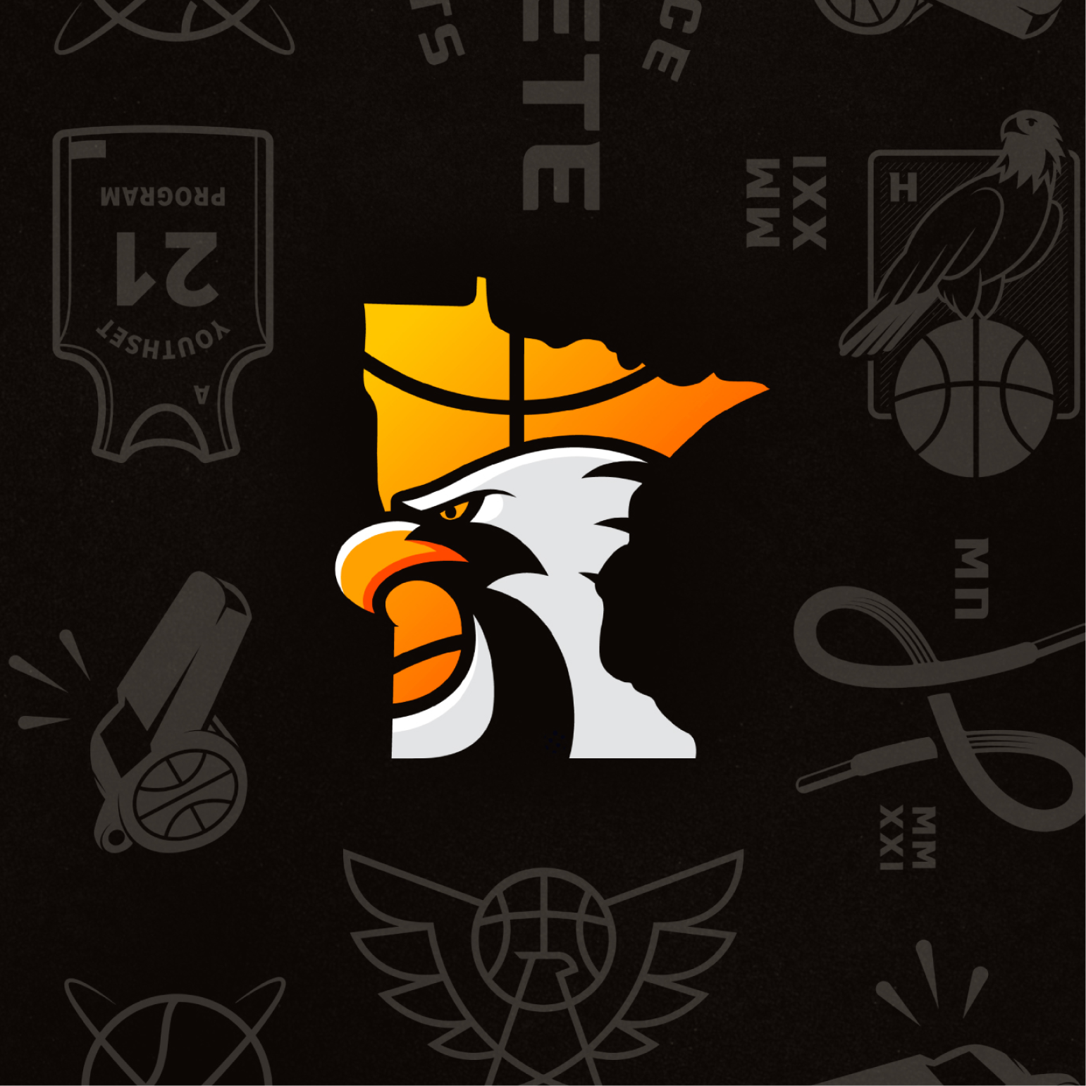 Illustration of an eagle's head overlaying a basketball and the outline of the Minnesota state in orange and black.