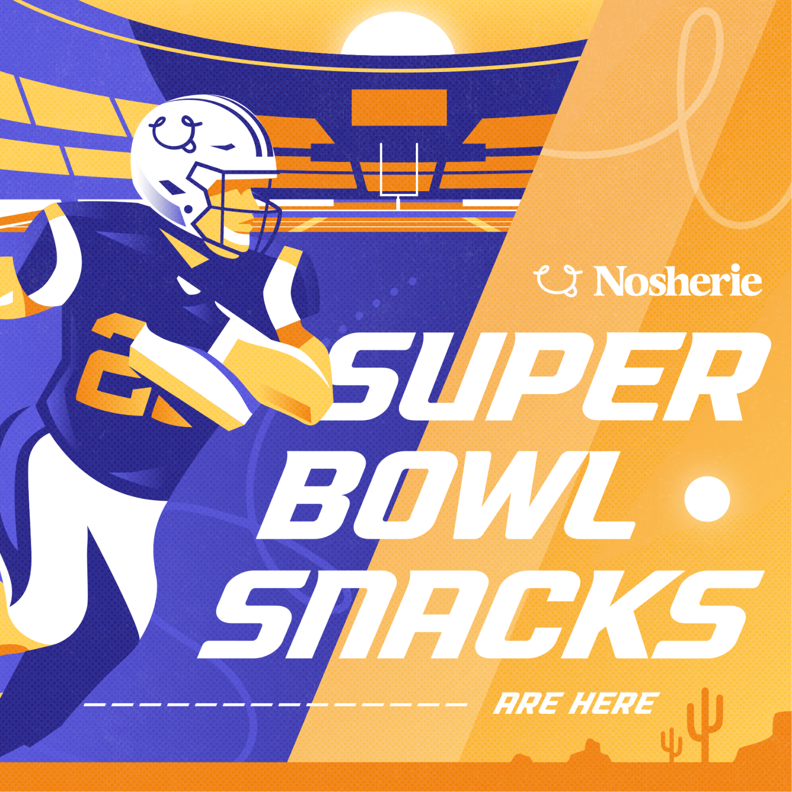 Illustration of a football player running on a field with text promoting Noshierie Super Bowl snacks.