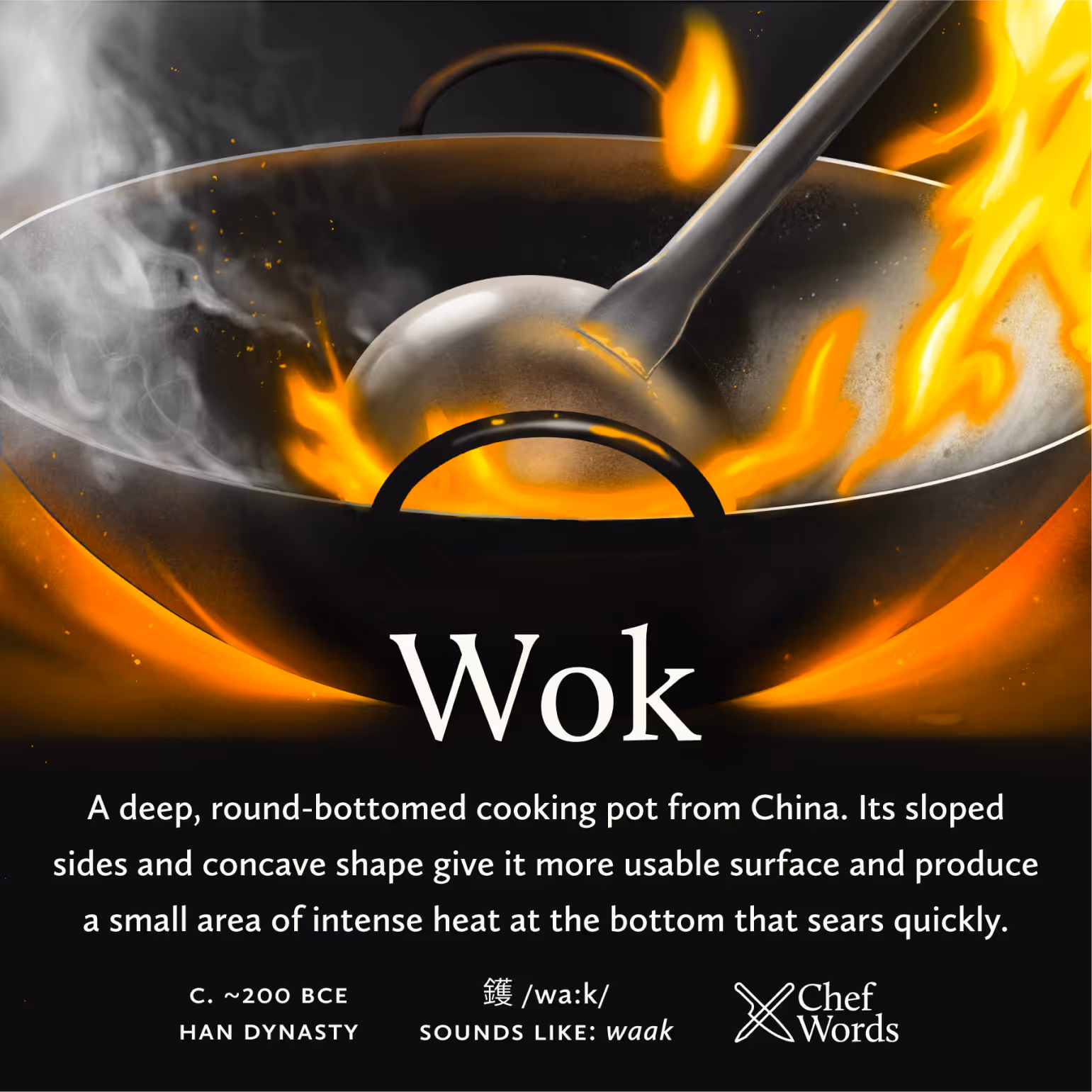 A wok with flames and steam rising as a ladle stirs inside the deep, round-bottomed cooking pot.
