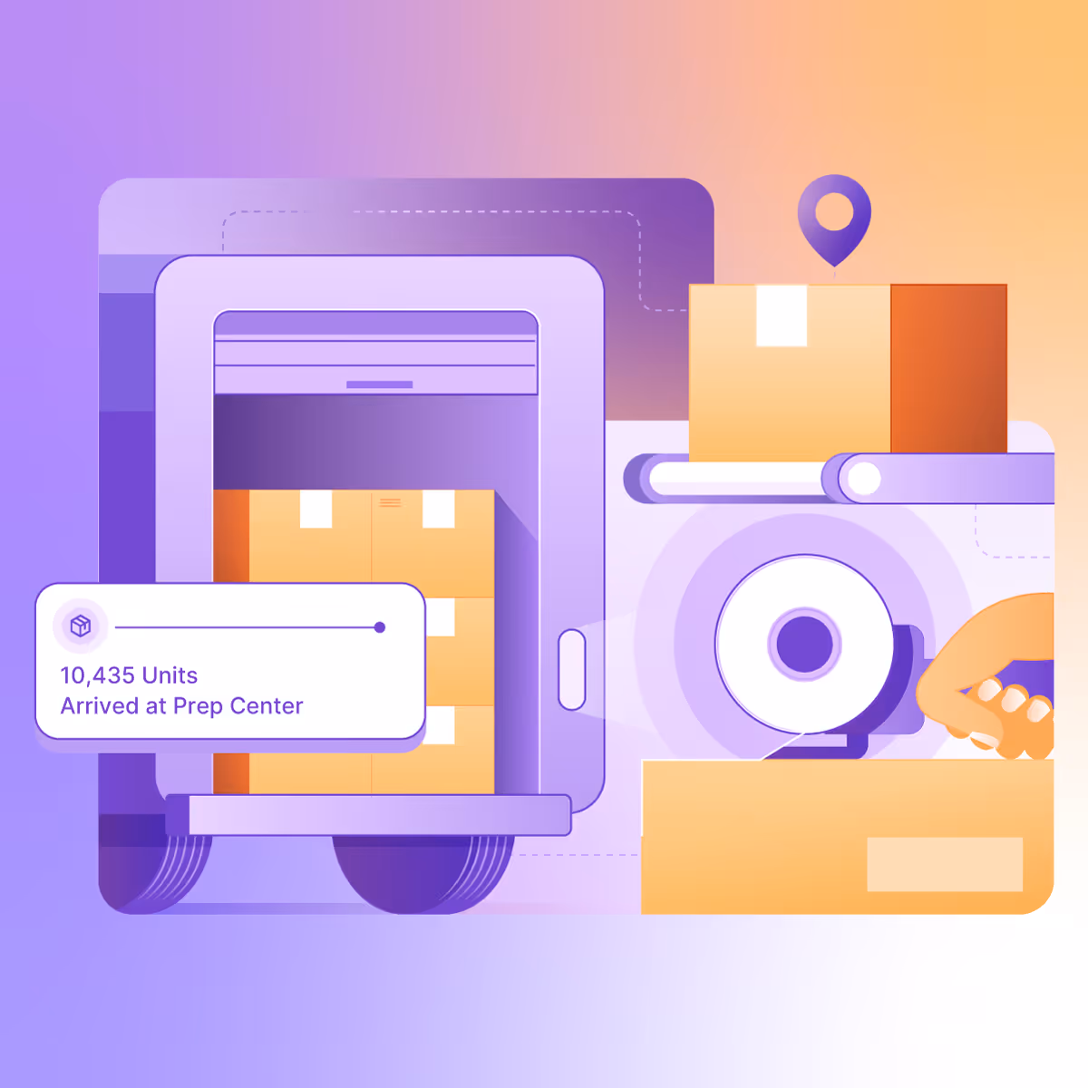 Illustration of a delivery truck loaded with boxes and a hand sealing a box with tape, accompanied by a notification showing 10,435 units arrived at prep center.