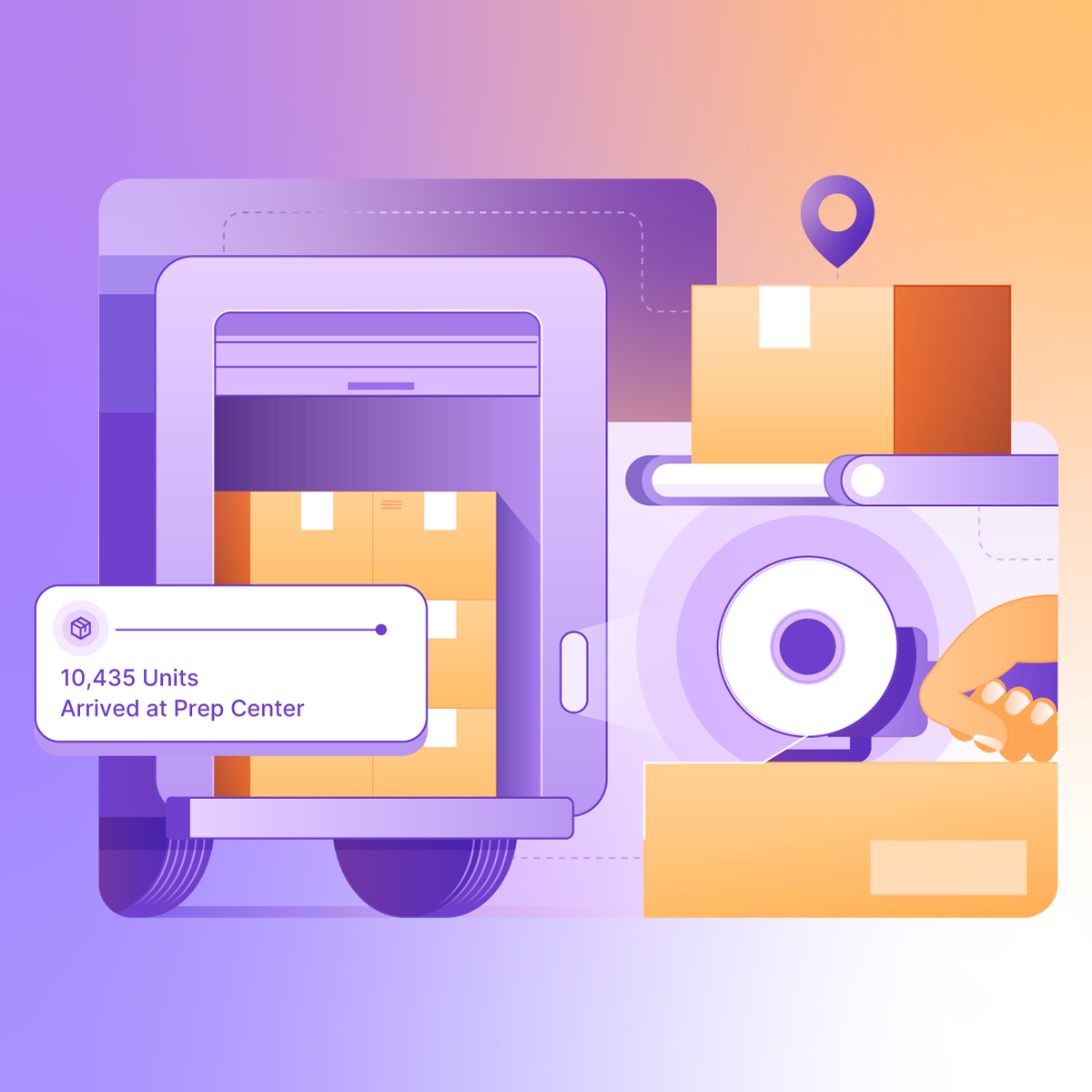 Illustration of a delivery truck loaded with boxes and a hand sealing a box with tape, accompanied by a notification showing 10,435 units arrived at prep center.