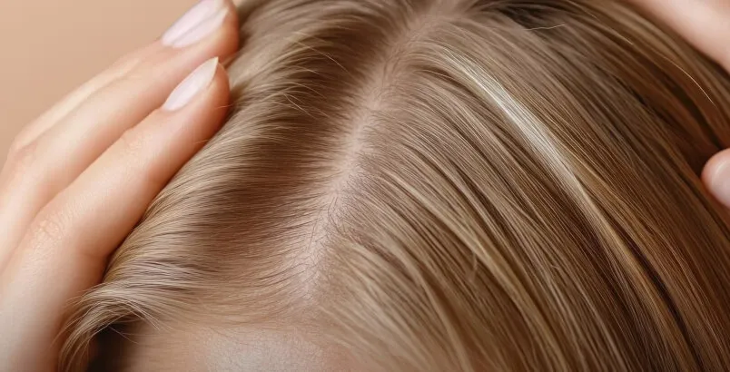 Close-up of a person’s scalp and dry, flaky hair with hands gently touching the head.