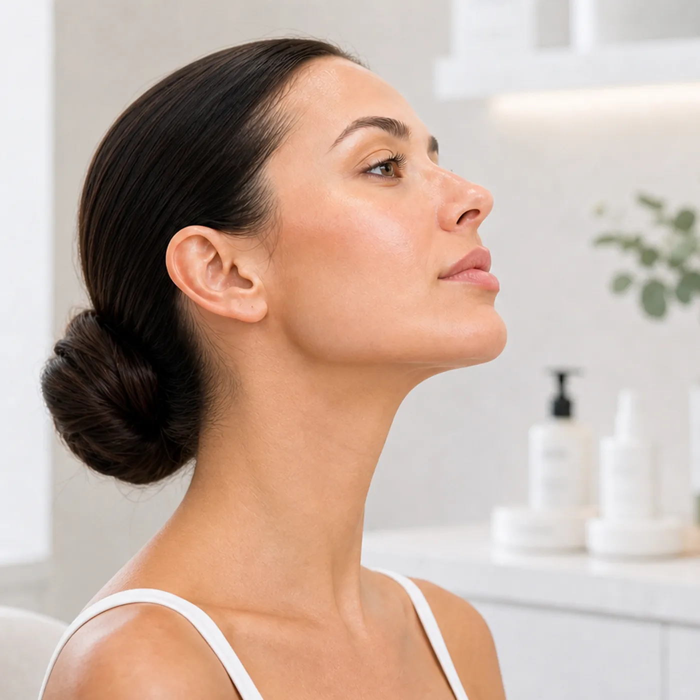 Woman with natural facial movement in a clinical setting