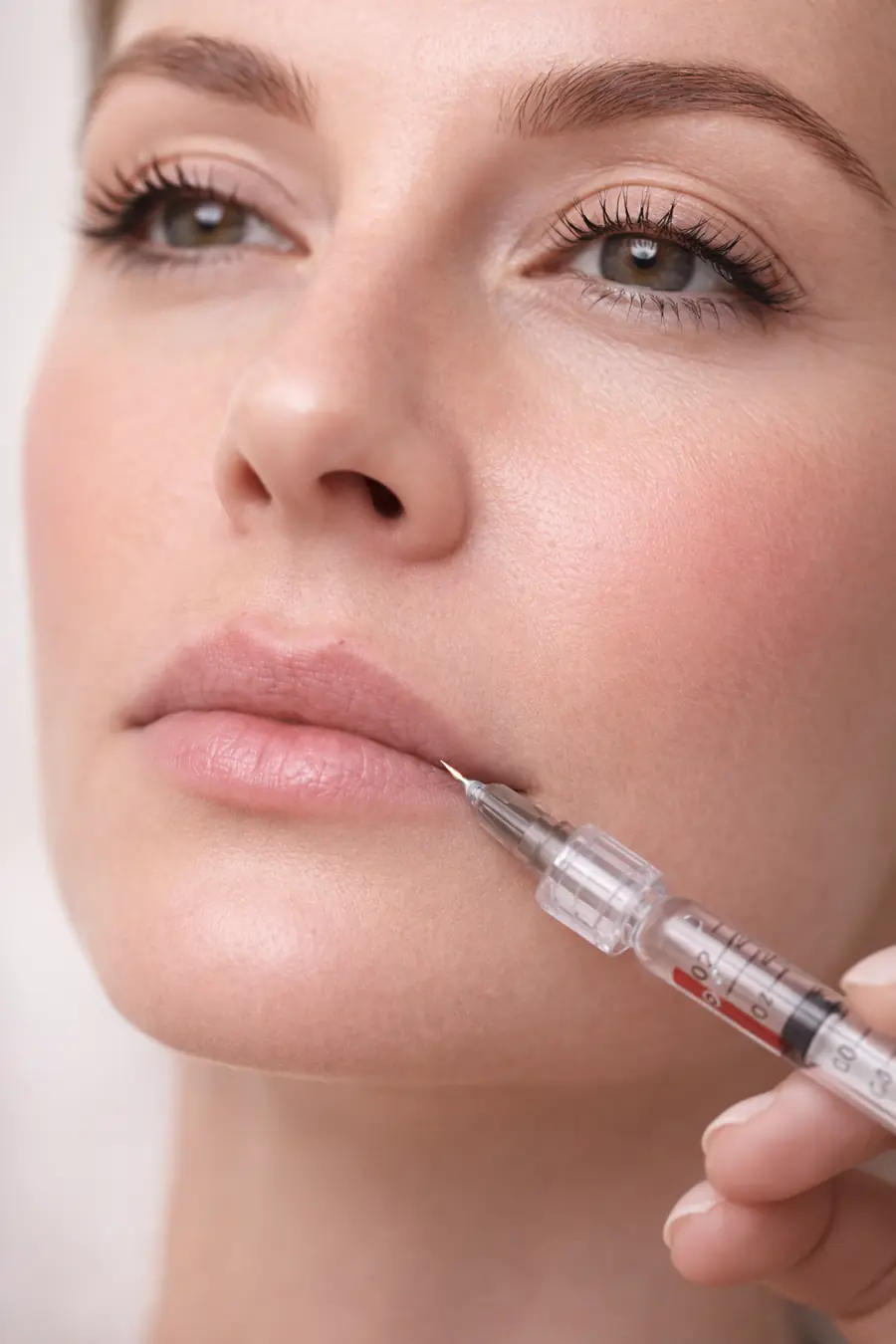 Close-up of a patient receiving a professional lip filler injection at SOM Aesthetics in Encinitas for natural-looking lip rejuvenation and enhancement