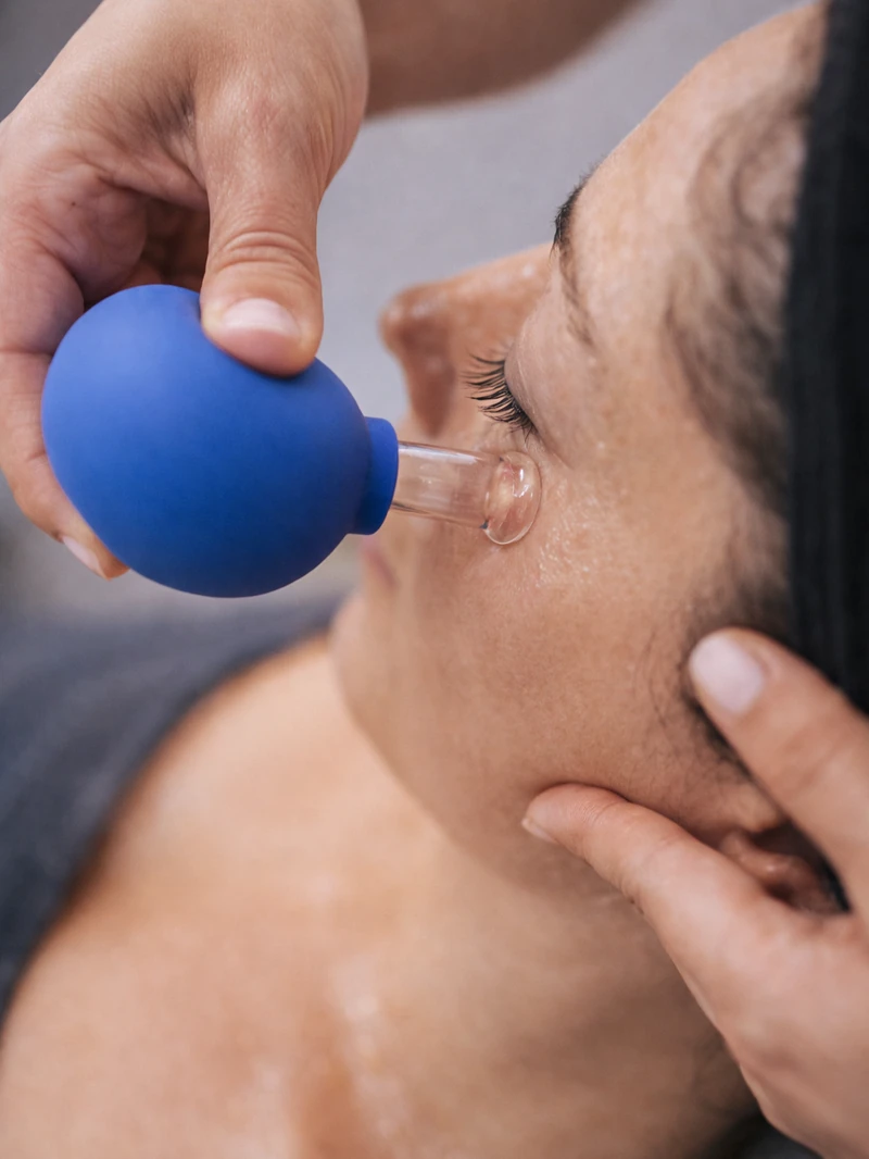 A client receiving a facial cupping treatment at SOM Aesthetics in Encinitas as part of a holistic facial balancing and lymphatic drainage protocol