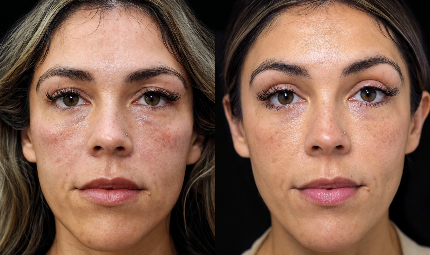 Case 2: side-by-side full-face rejuvenation before-and-after patient result at SOM Aesthetics in San Diego.