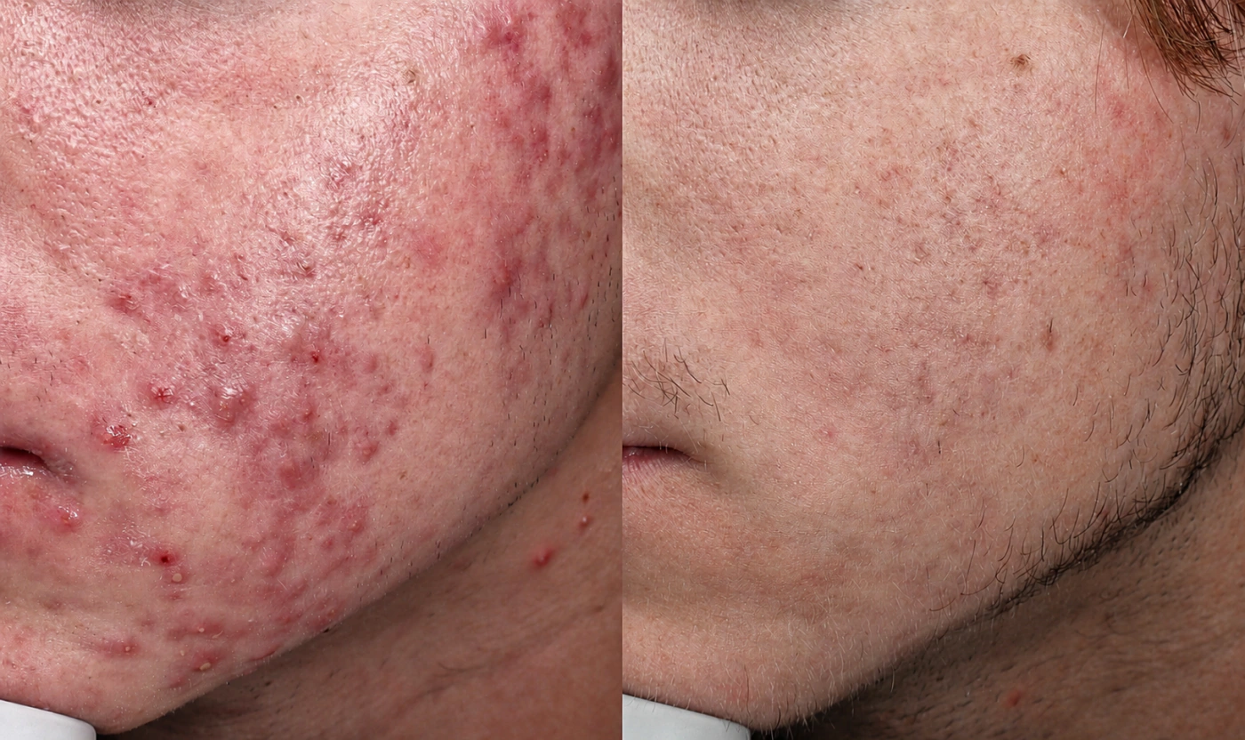 Side-by-side close-up of a male patient before and after ForeverClear BBL and Accutane acne treatment at SOM Aesthetics in San Diego